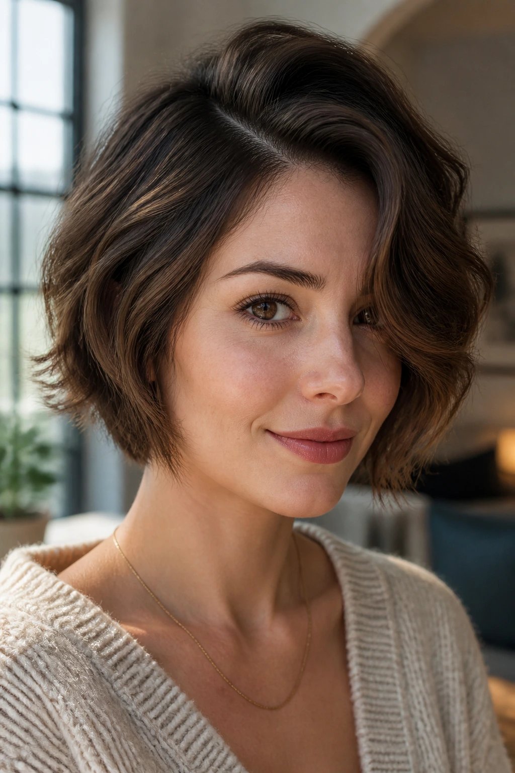 Close-up of a real woman with a deep side-parted layered bob and voluminous swoop