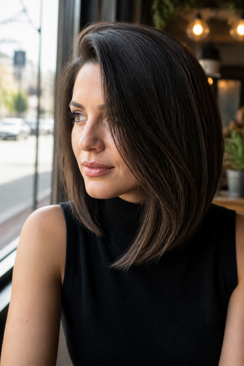 Portrait of a person with a deep side-parted sleek lob near a cafe window