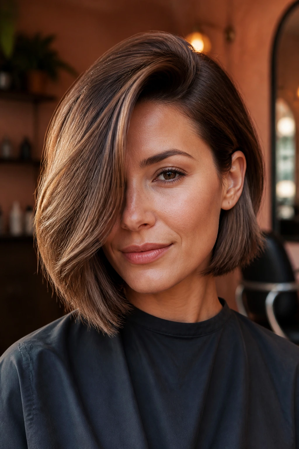 Close-up portrait of a woman with a deep side-part lob sweeping hair across her face.