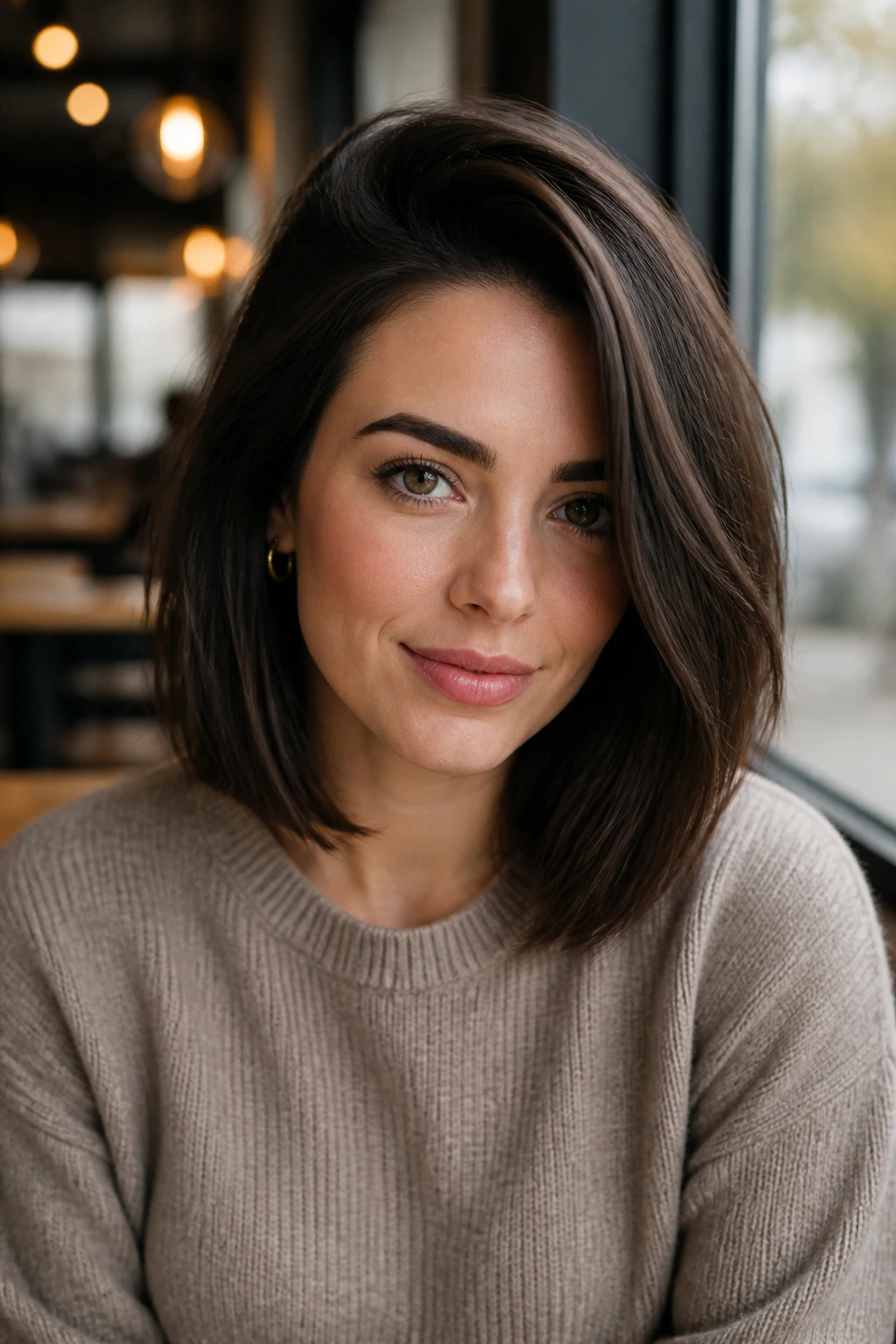 Close-up of a real woman with a deep side-parted lob in a sunlit cafe window