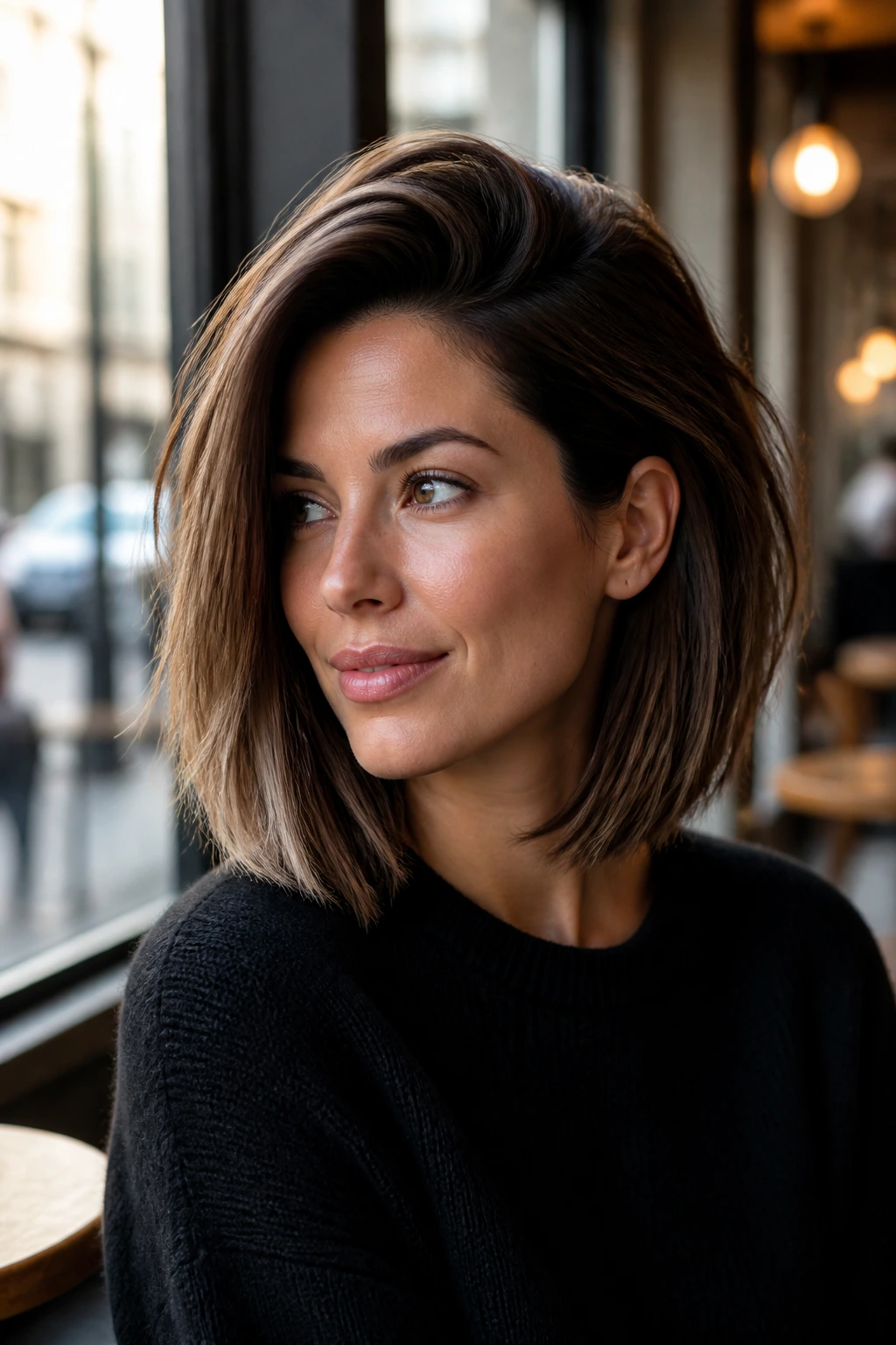 Portrait of a woman with a deep side-parted lob and dramatic silhouette