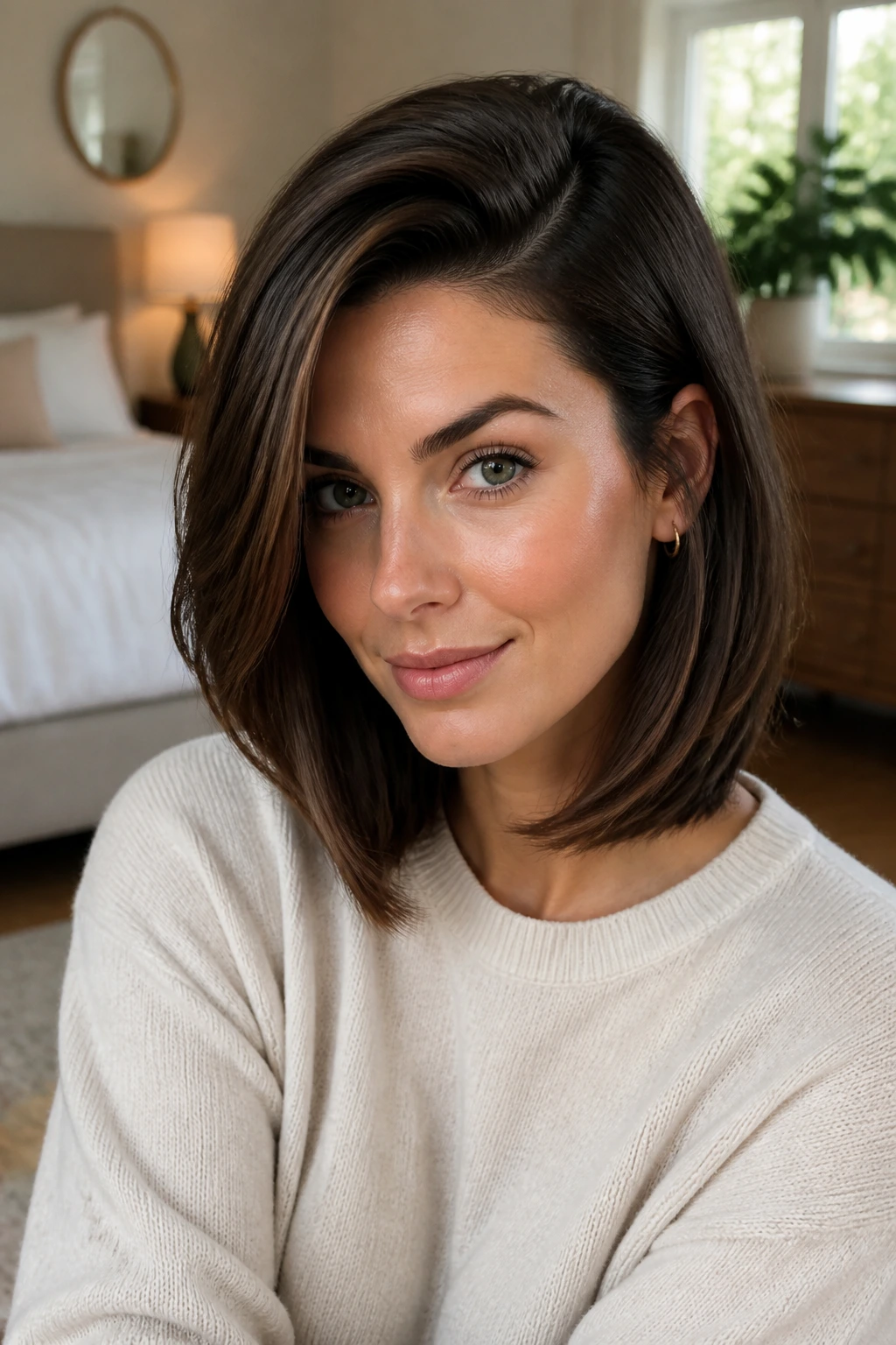 Close-up of a real woman with a deep side-part lob hairstyle in natural light