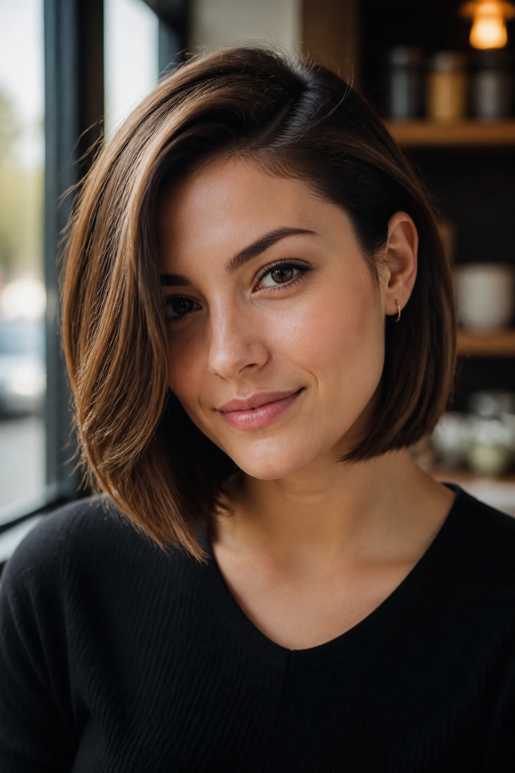 Close-up of a real woman with a deep side-parted long bob exposing the jawline