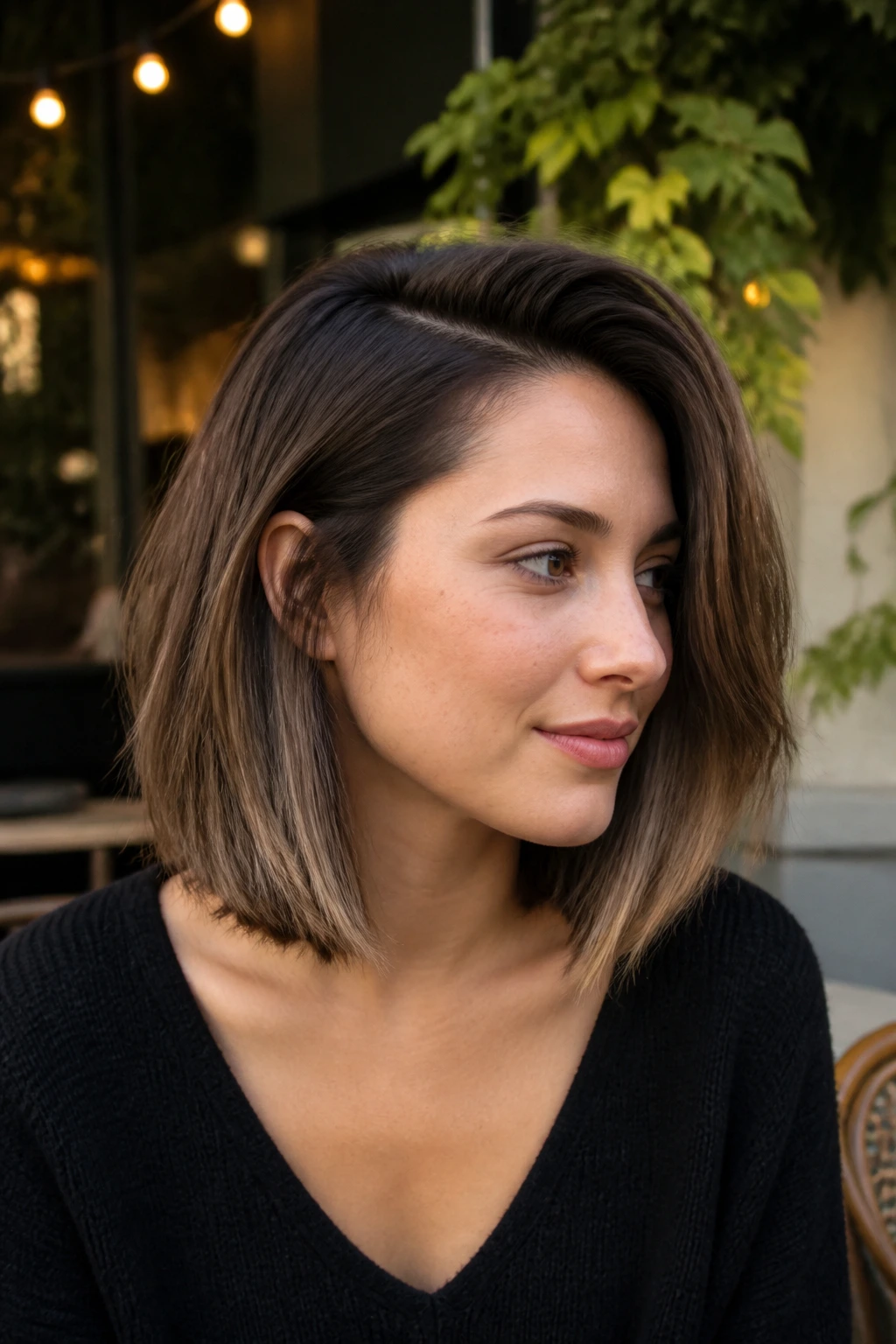 Close-up of a real woman with a deep side-parted lob.