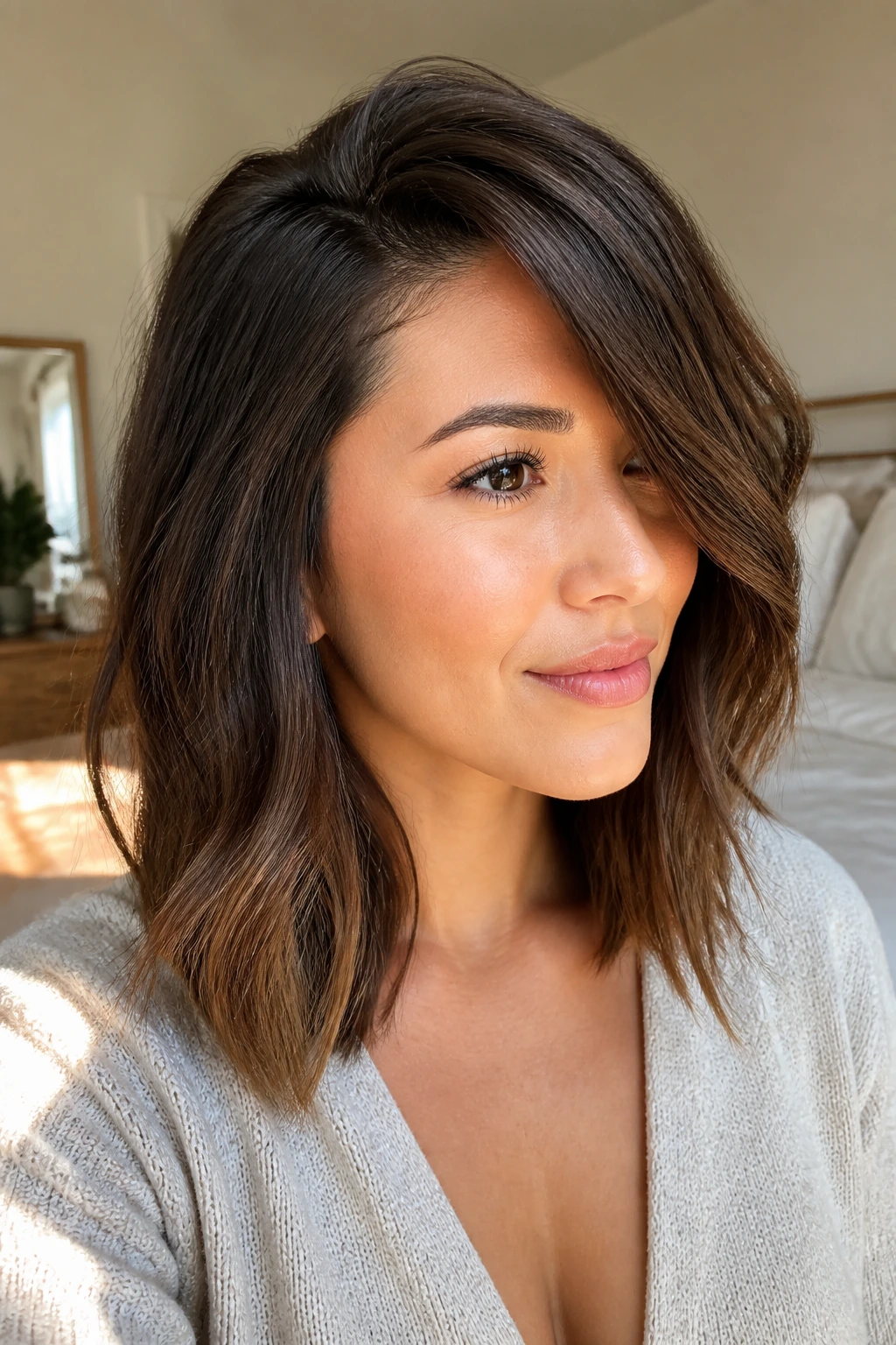 Close-up portrait of a real woman with a deep side-part long bob sweeping over the forehead, frizz controlled.