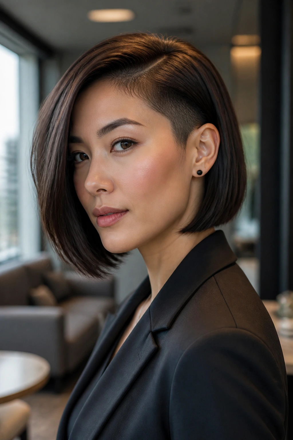 Portrait of a real person with deep-side-part lob and tapered fade in a modern office setting