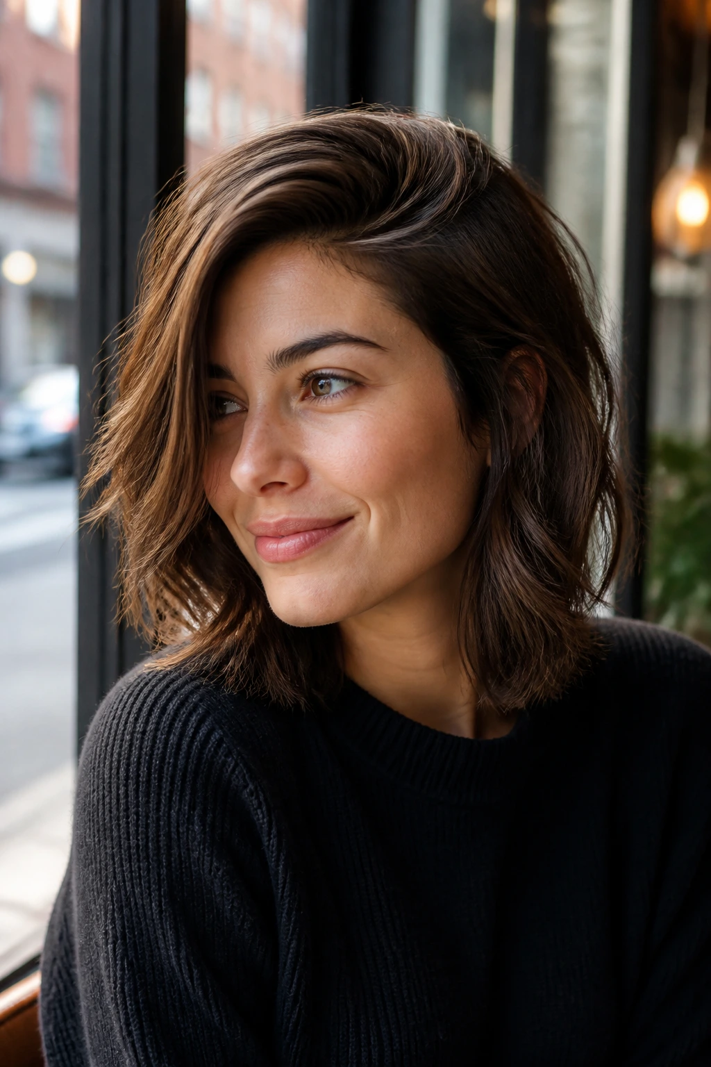 Close-up of a real woman with a deep side part lob in cafe light