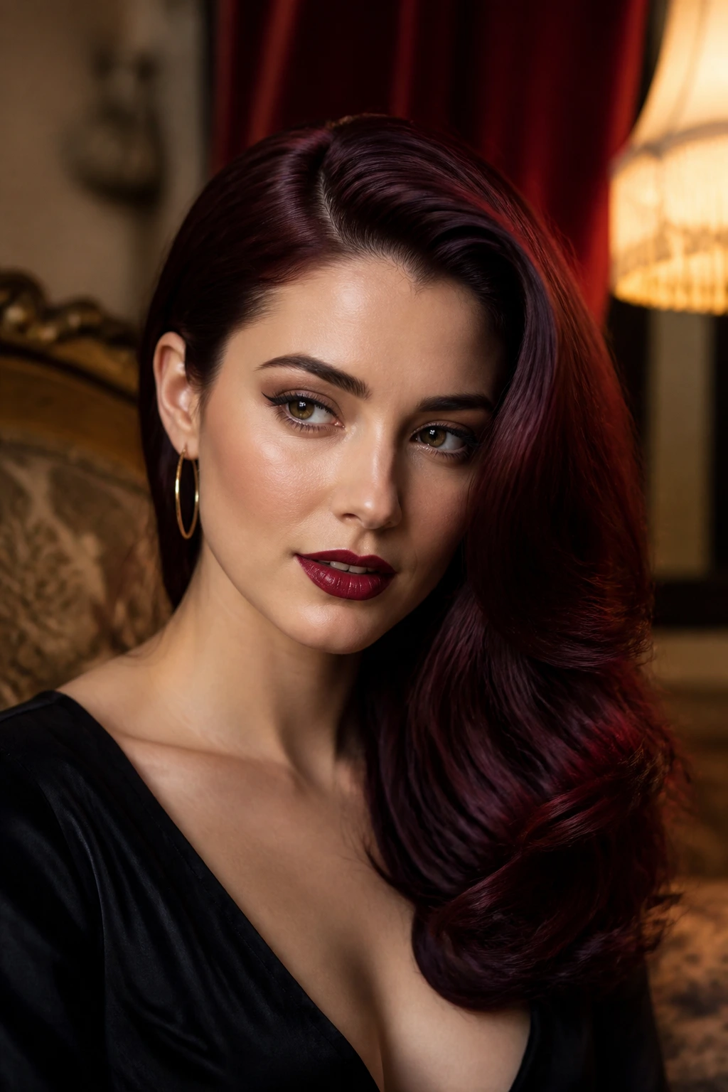 Close-up of a real woman with a deep side part in maroon hair