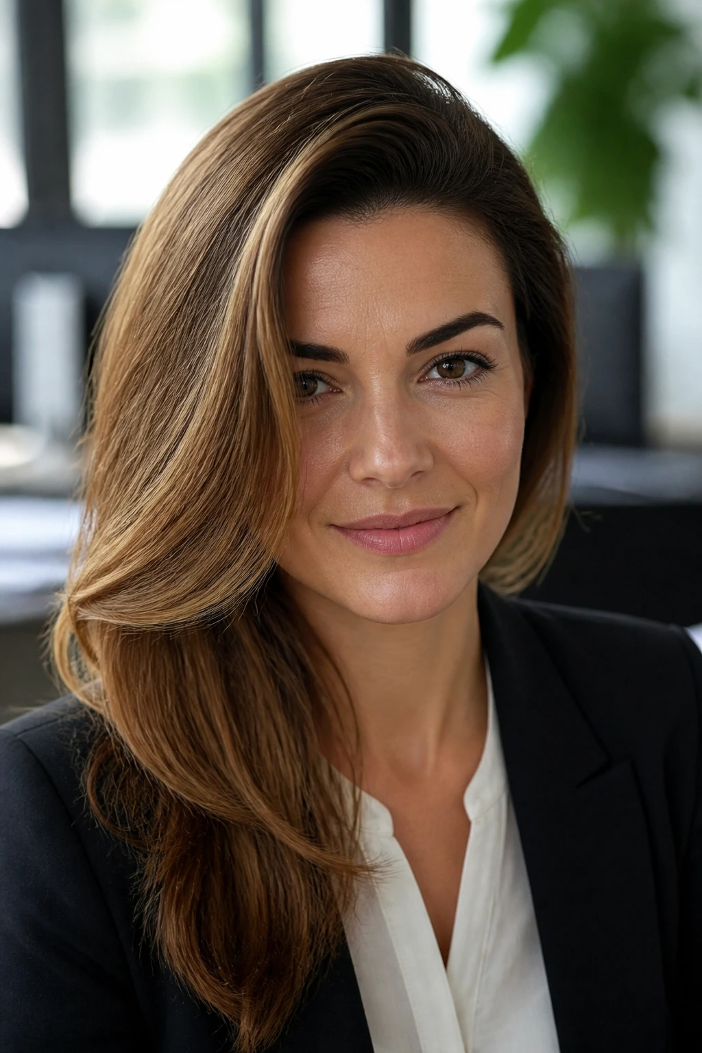 Close-up portrait of a real woman with a deep side part in an office setting.