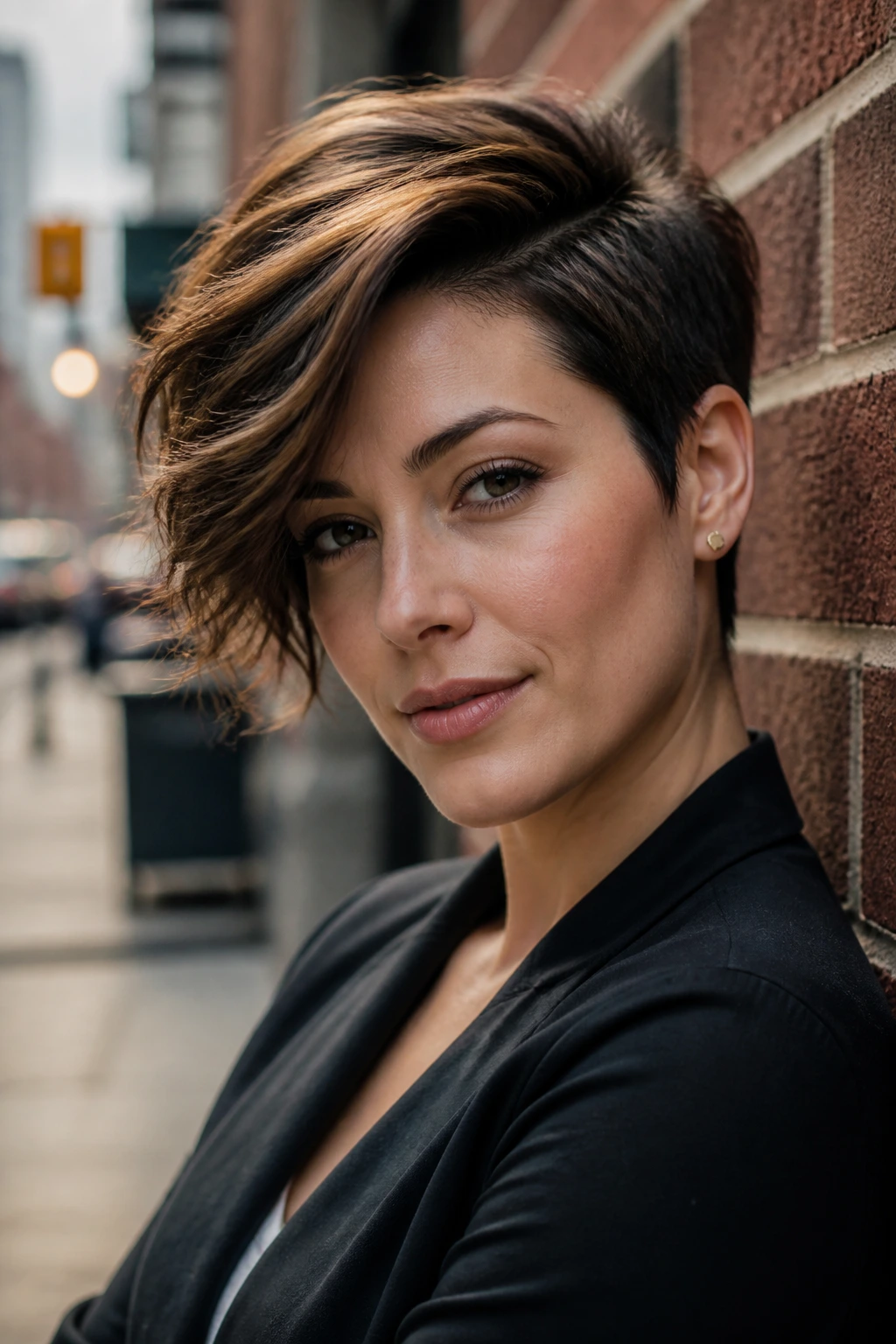 Close-up of a real woman with a deep side-parted pixie sweeping to one side