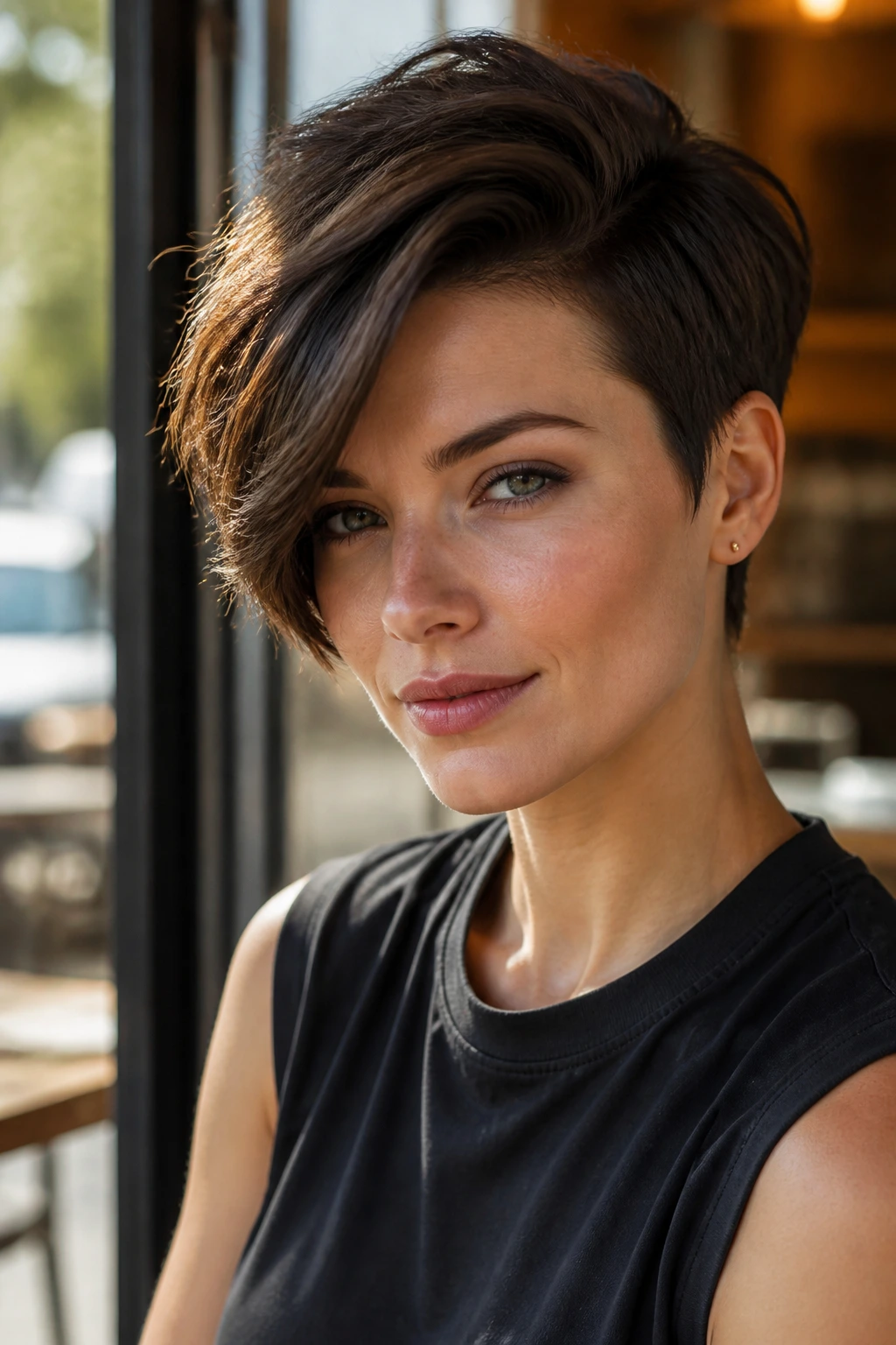 Close-up portrait of a woman with a dramatic deep side-part pixie