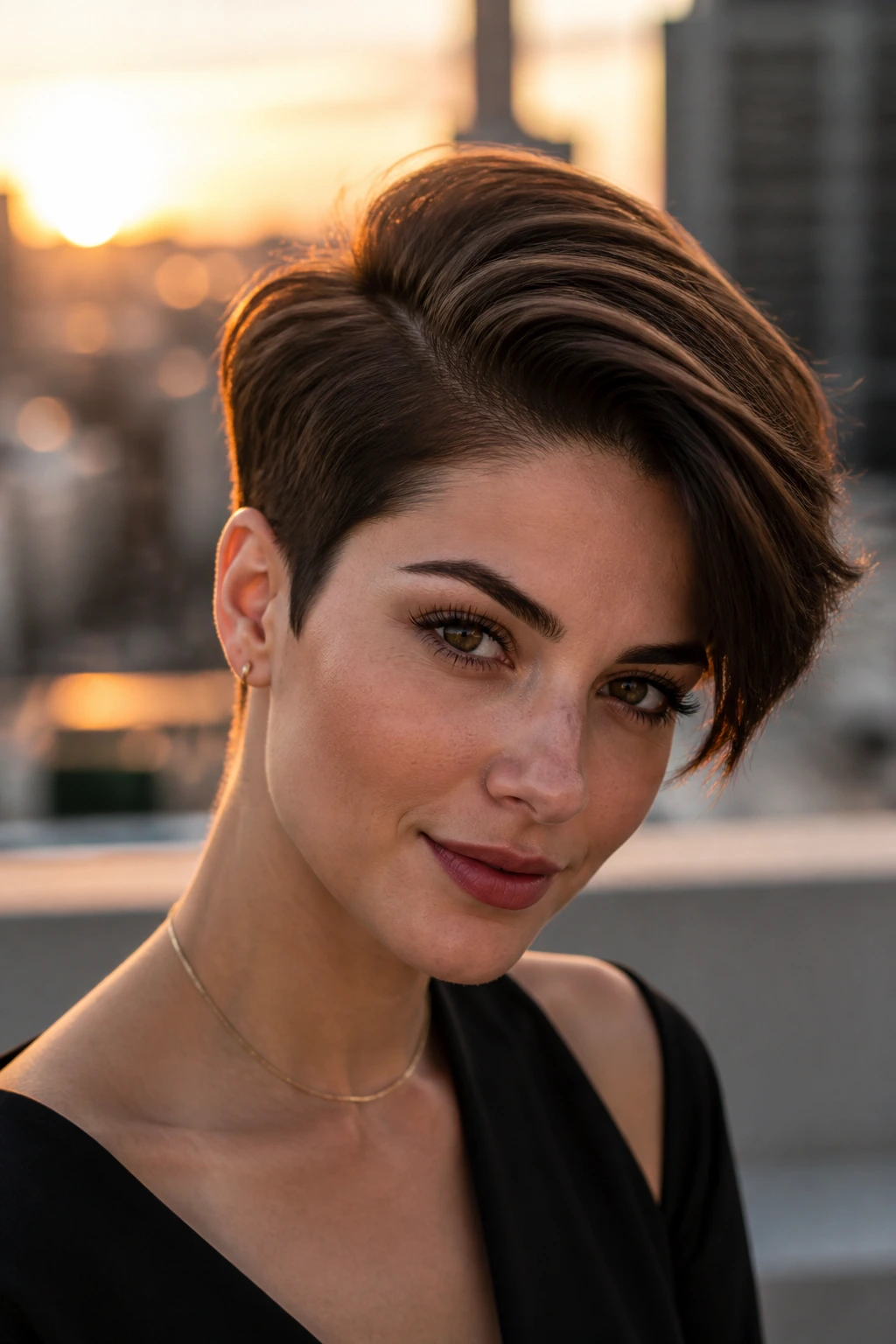 Portrait of a real woman with deep side part pixie haircut