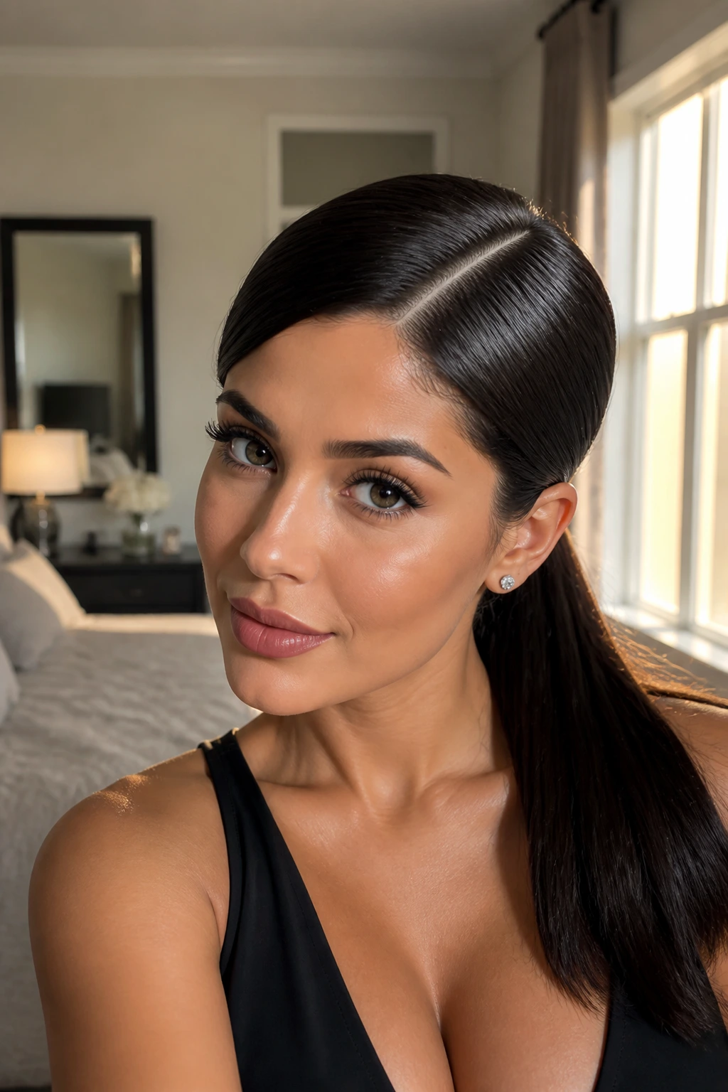 Close-up of a woman with a deep side-part ponytail