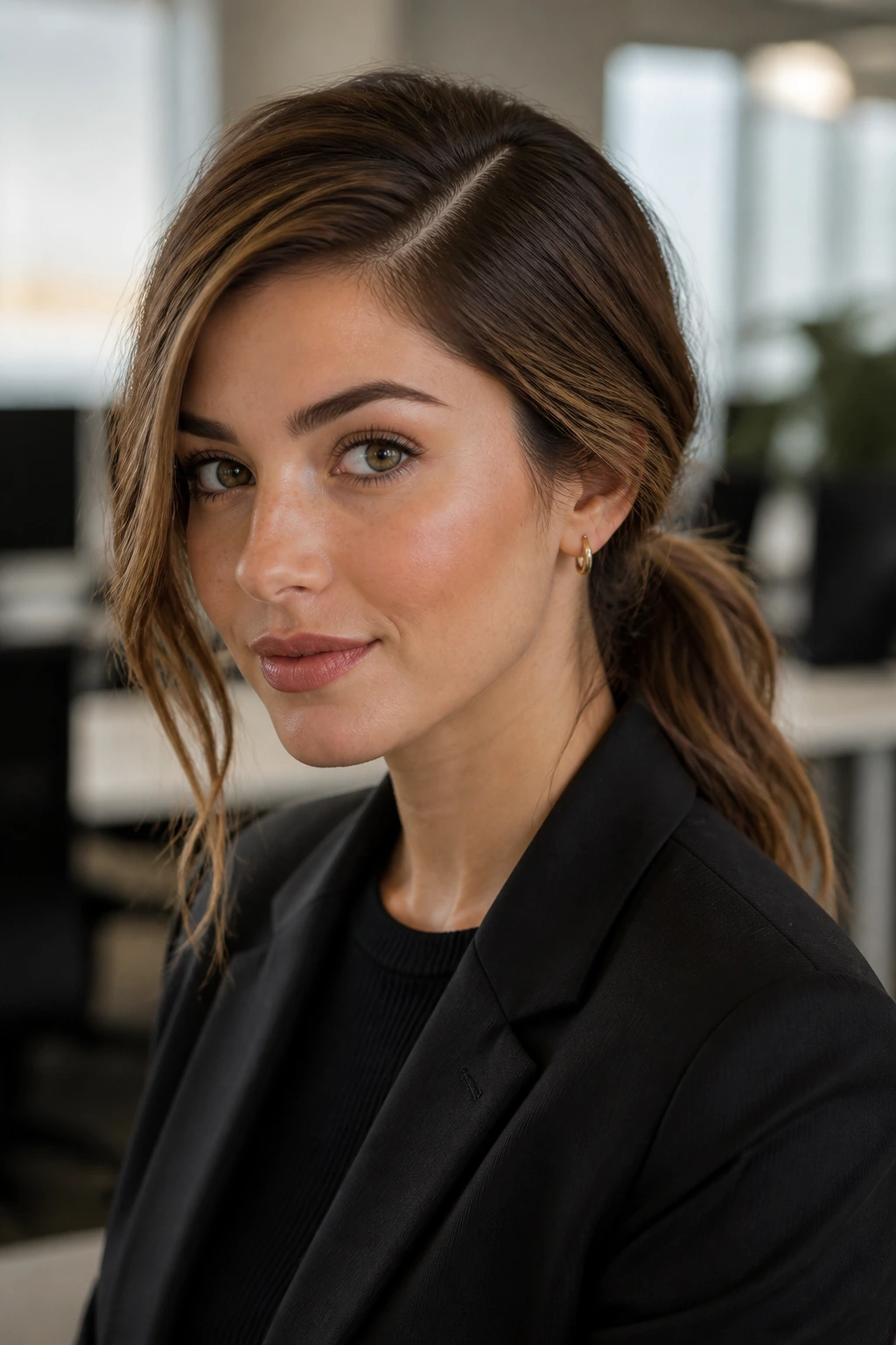 Portrait of a woman with deep side part and low ponytail in an office.