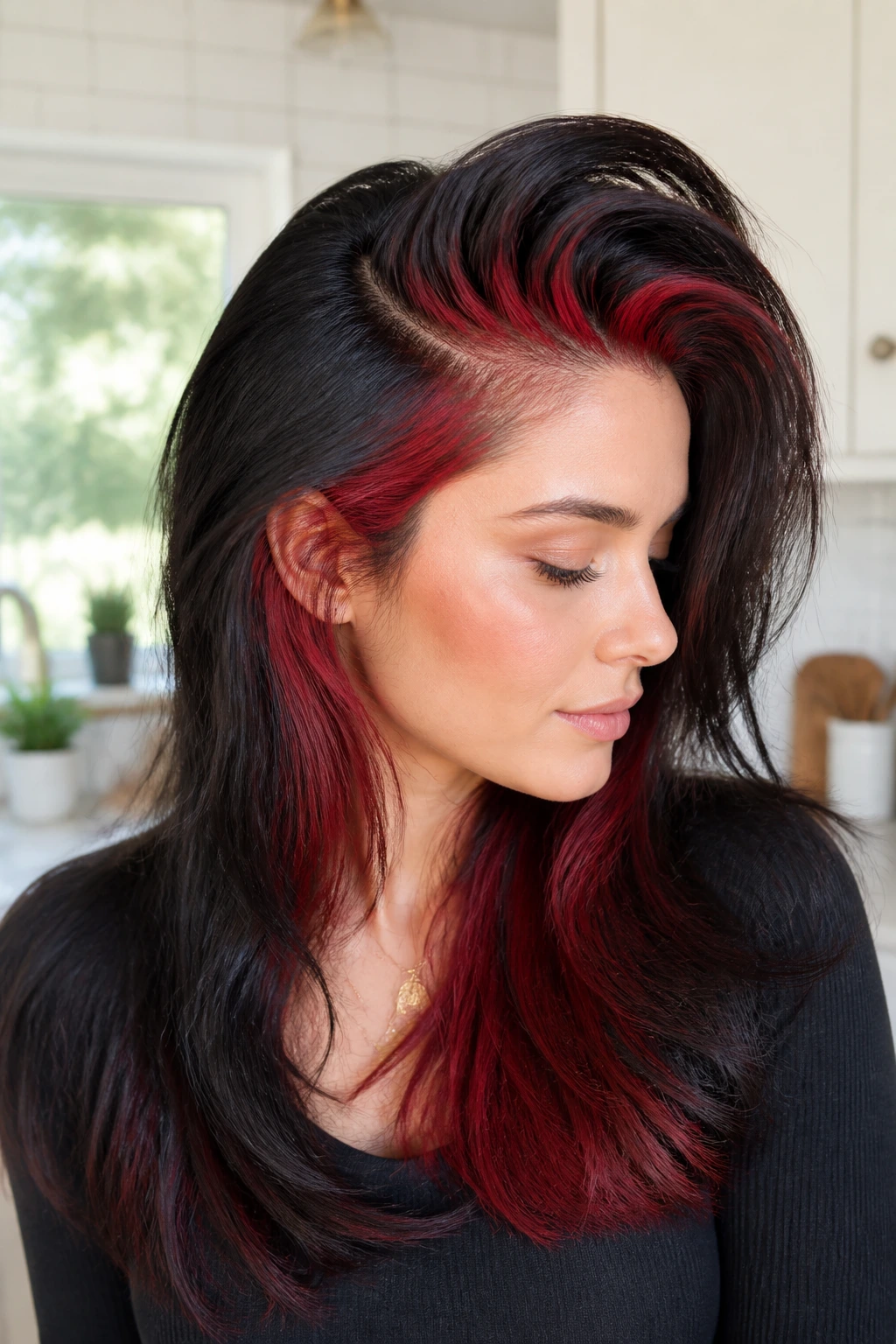 Real woman with deep side part flipping hair to reveal red layers across the part.