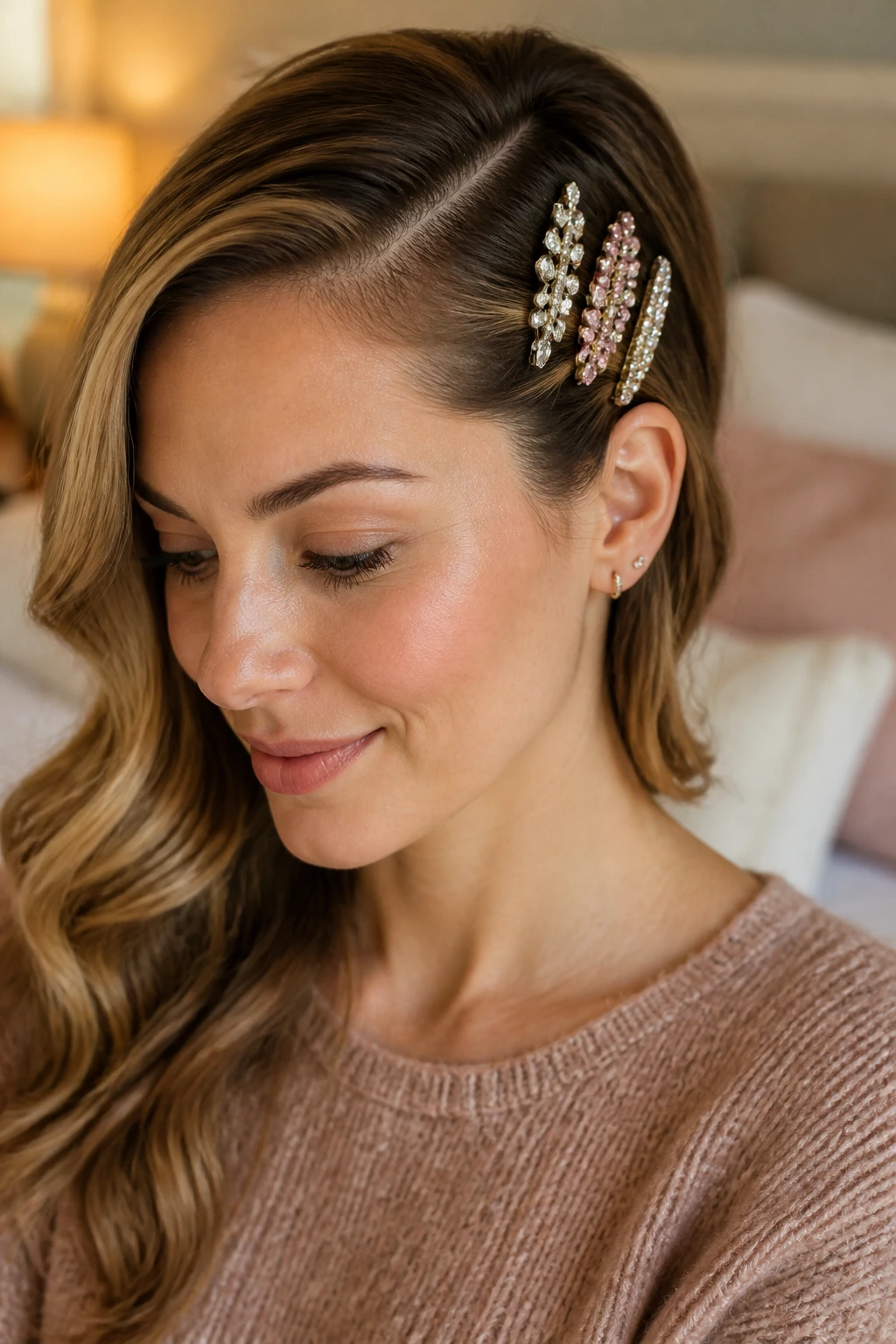Close-up portrait of a woman with a deep side part and rhinestone clips at the temple