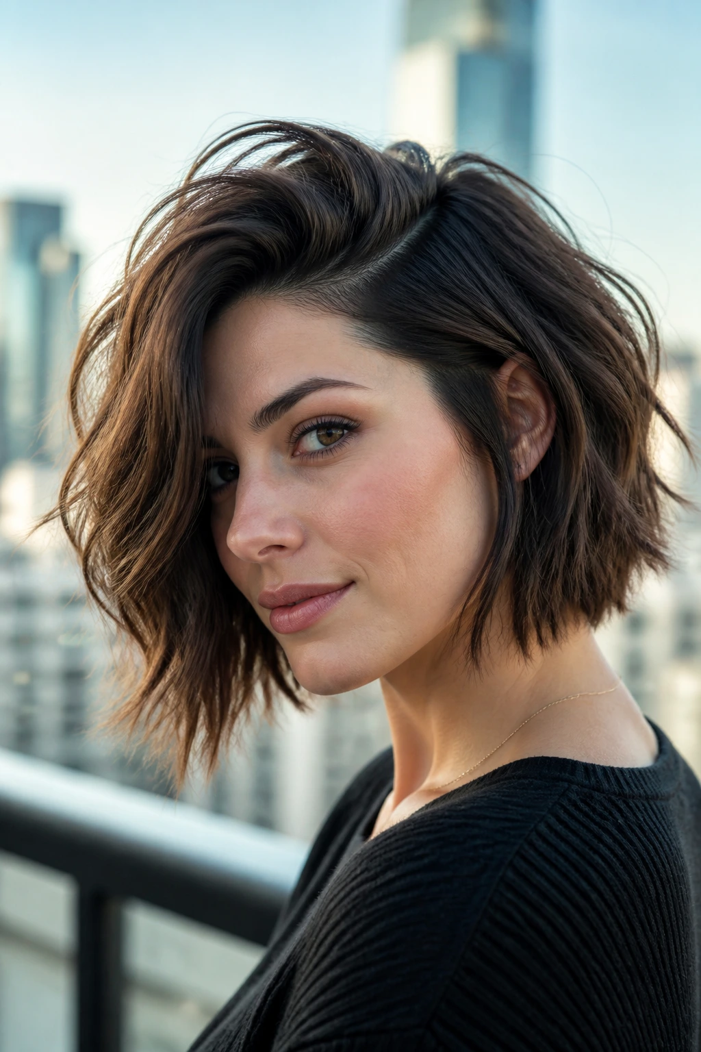 Portrait of a woman with deep side-part shag in city balcony light