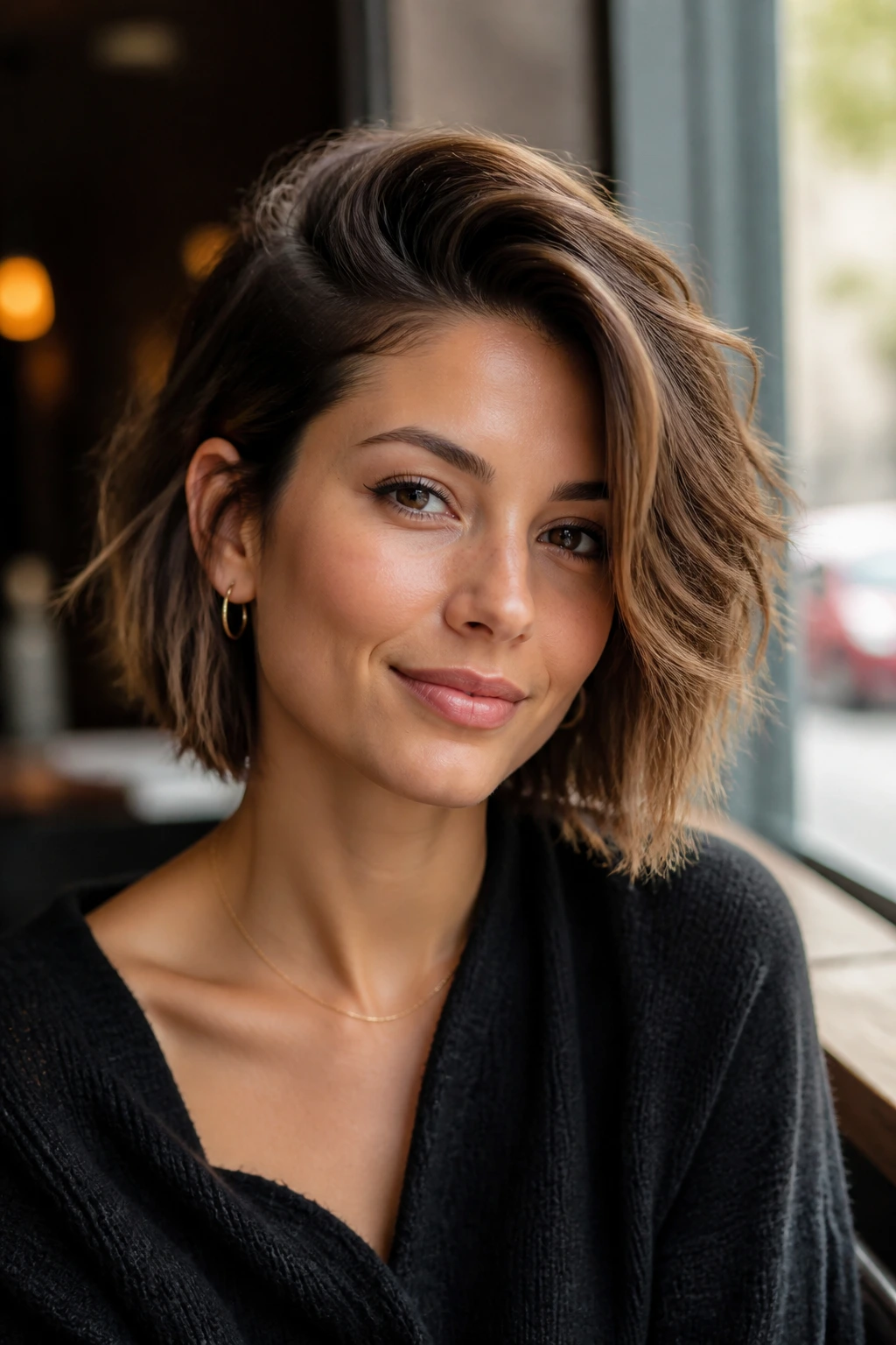 Close-up of real woman with deep side-part shaggy bob