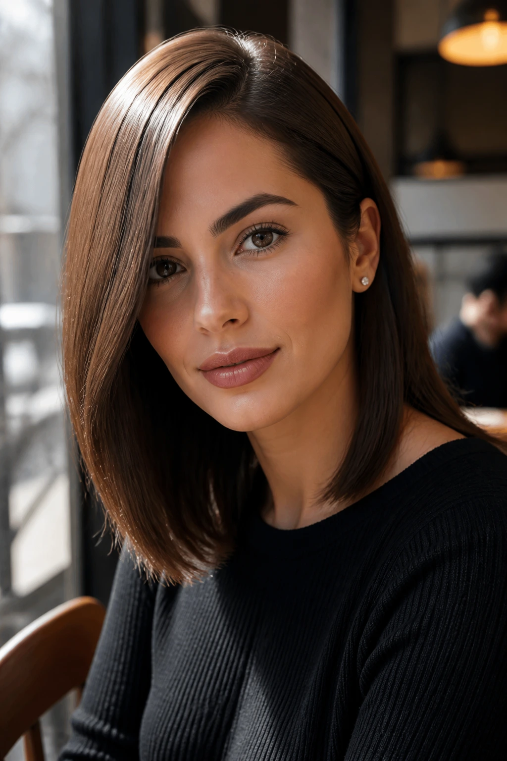 Close-up portrait of a real woman with deep side-parted sleek hair