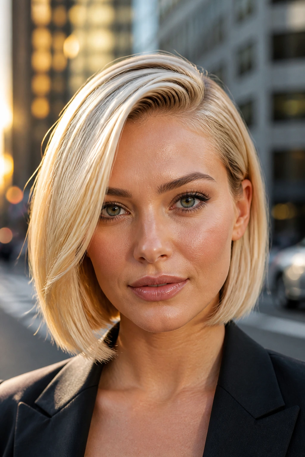 Real woman with bright blonde deep side-parted sleek bob on a busy street at golden hour