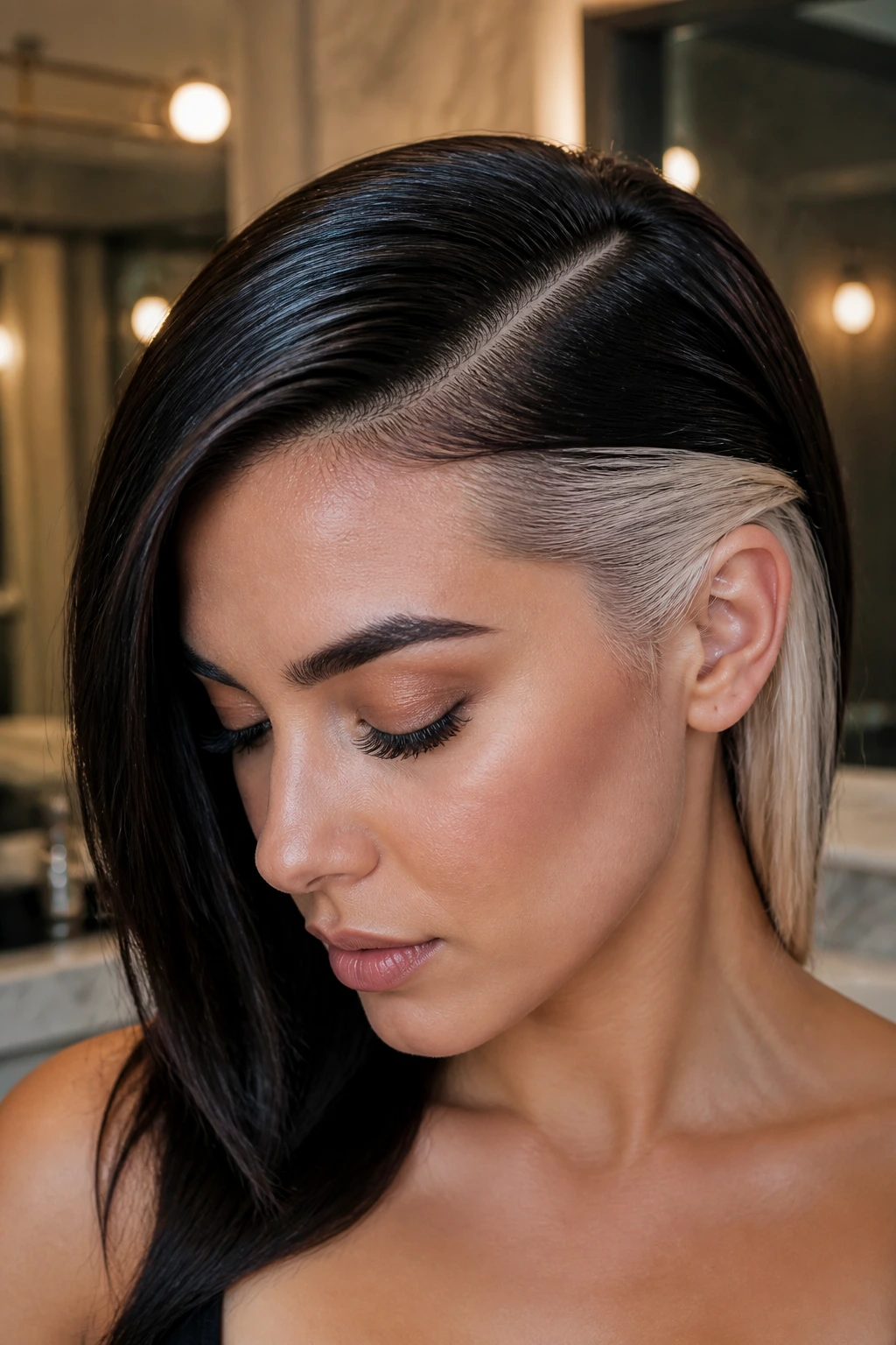 Real woman with deep side part and sleek tucked hair in Gemini colors