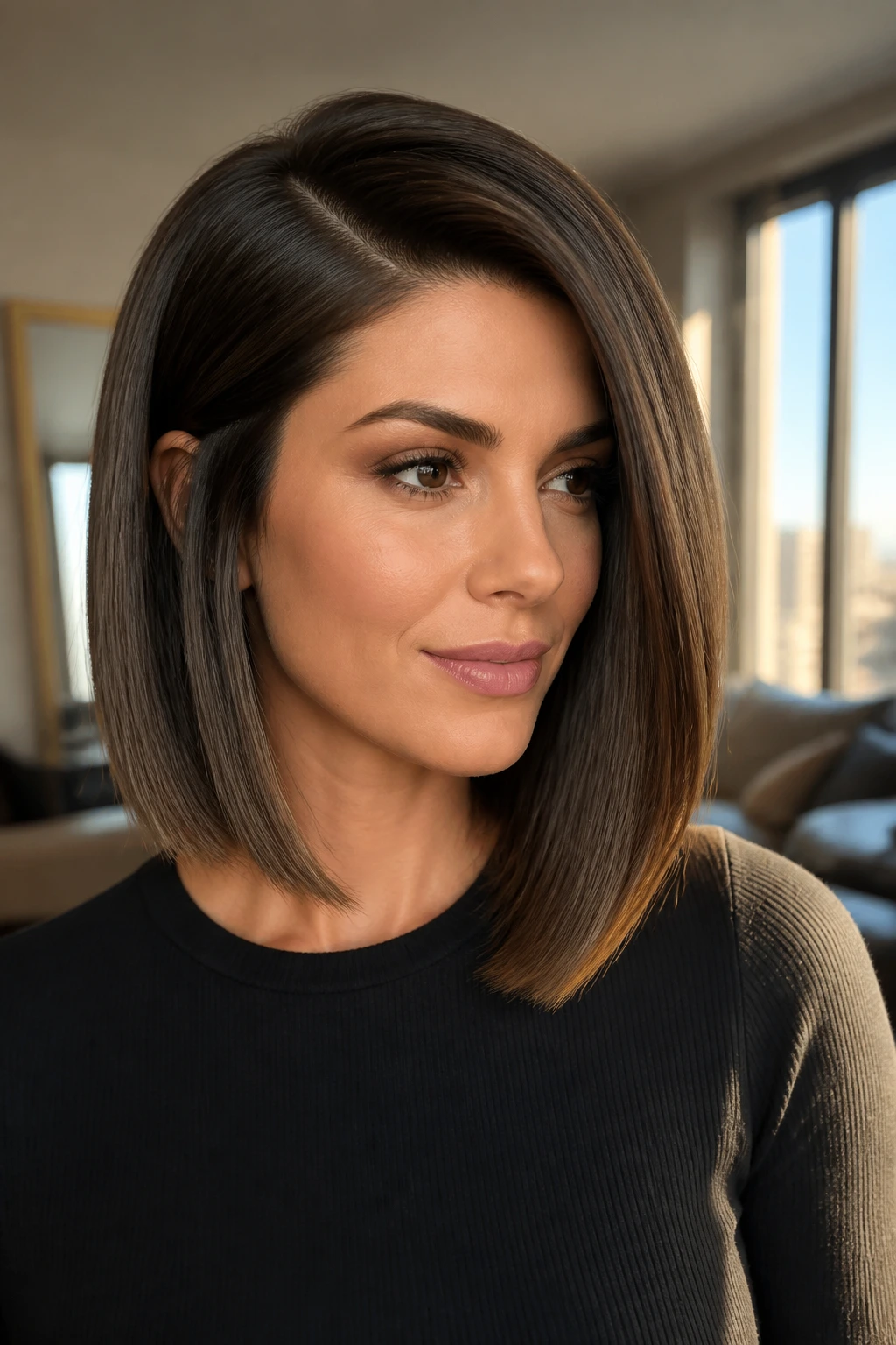 Close-up of woman with deep side-parted sleek lob in warm window light