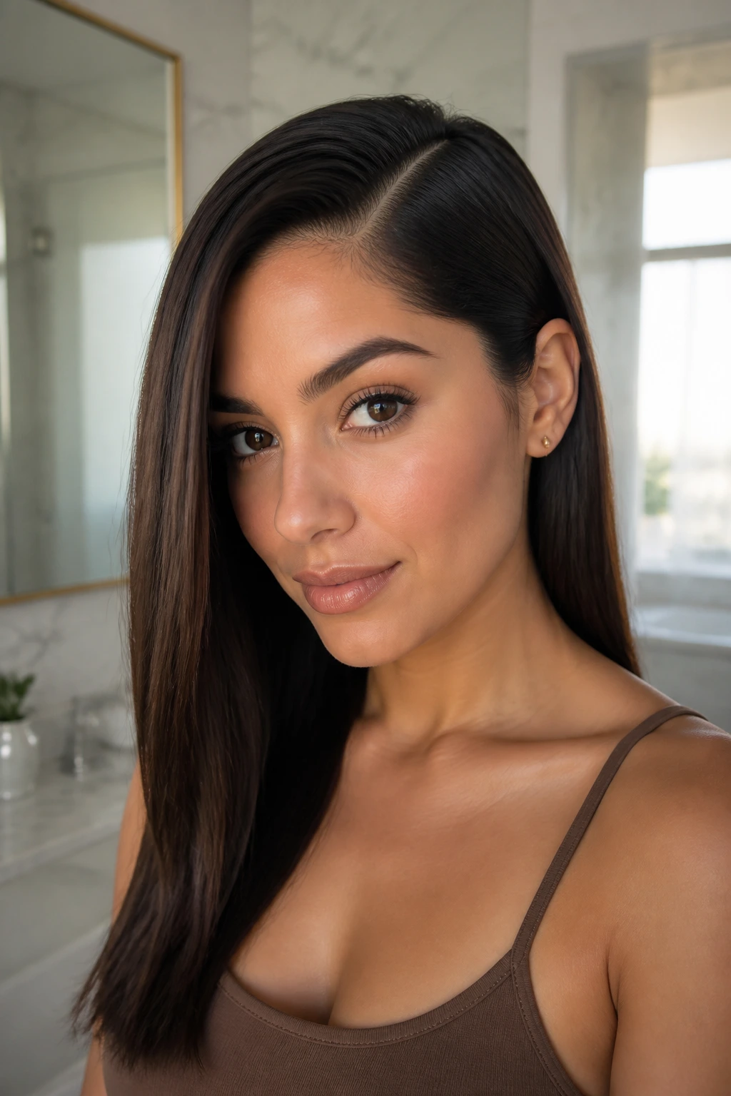 Close-up of a woman with a deep side part and sleek straight hair in a modern bathroom