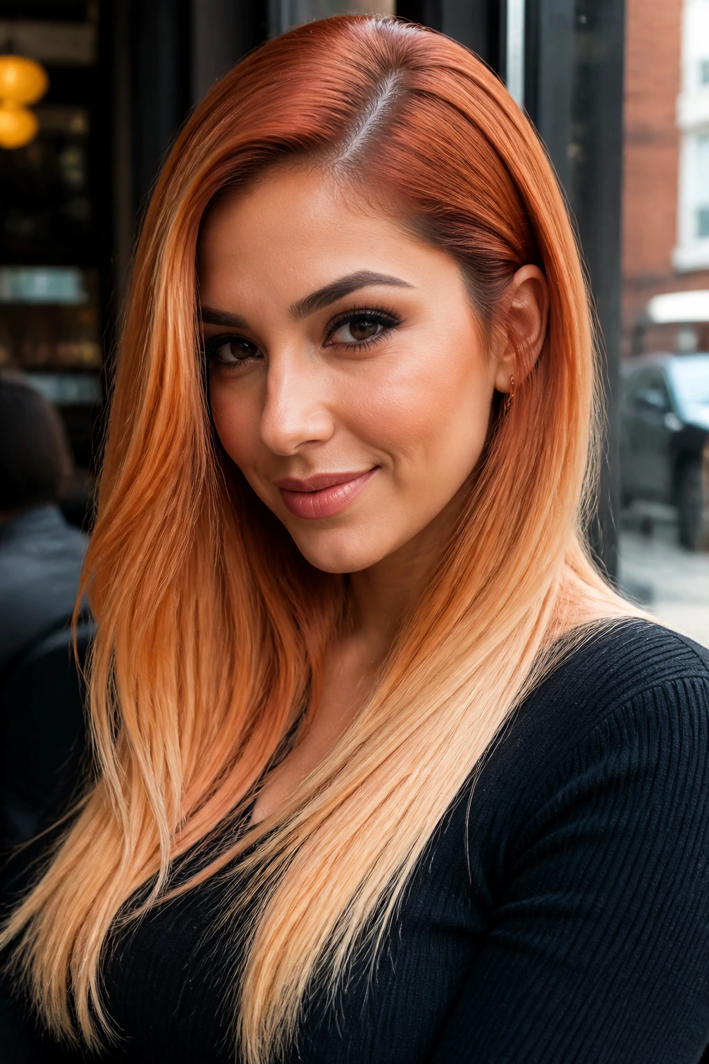 Portrait of a woman with a deep side-parted sleek creamsicle hair showing color melt.