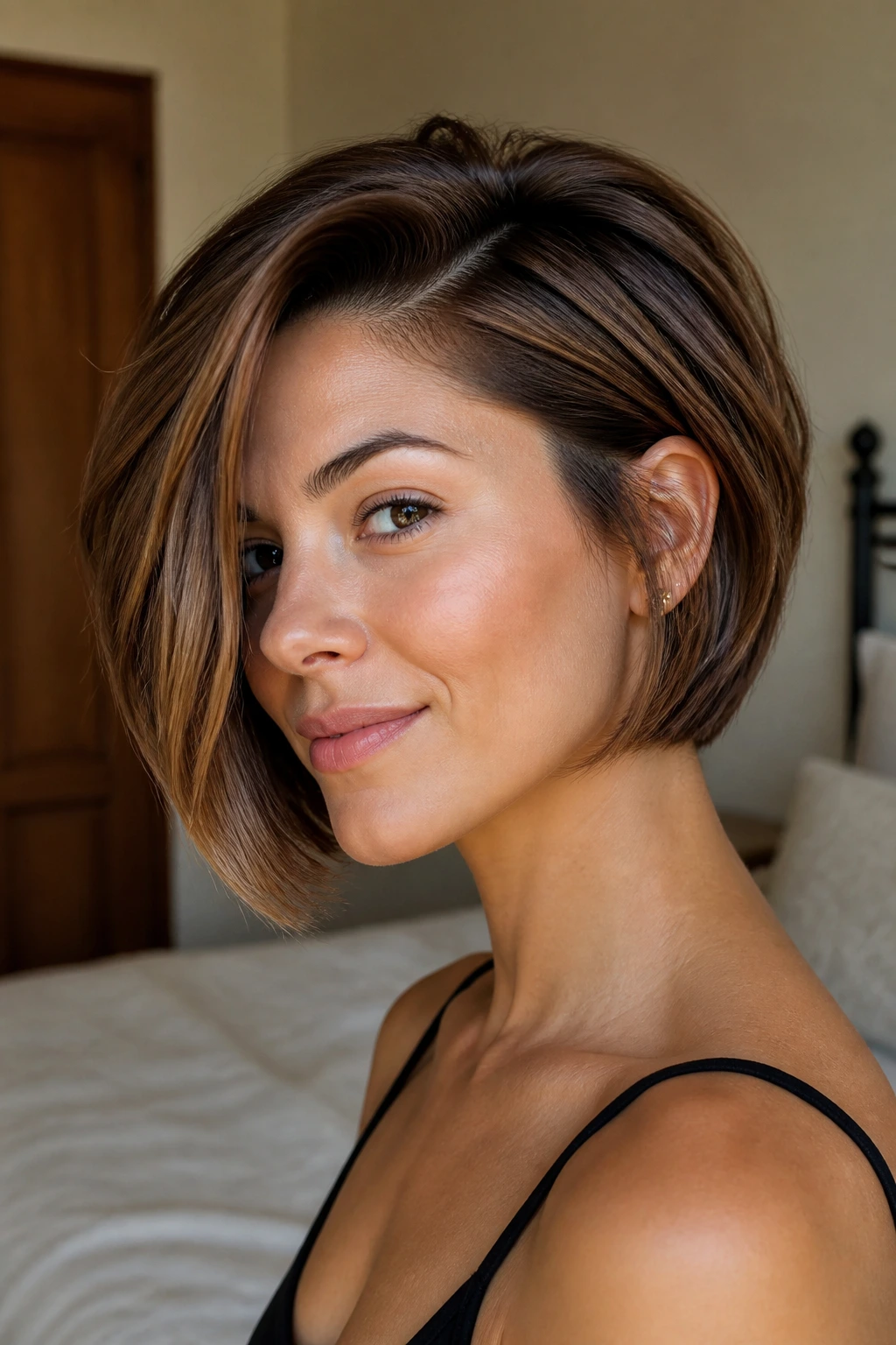 Close-up portrait of a real woman with a deep side-parted stacked bob.