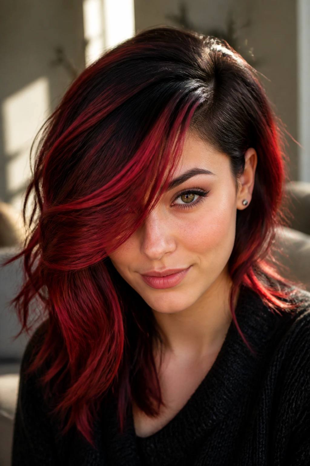 Close-up of a real woman with a deep side-part and red sweep across the face.