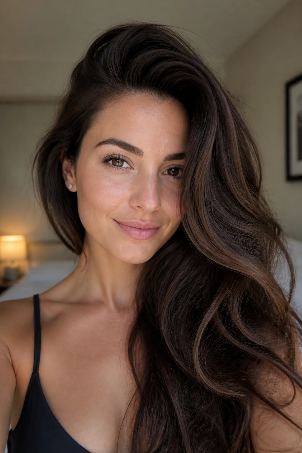 Close-up of a real woman with a deep side part and dramatic swoop in thick hair