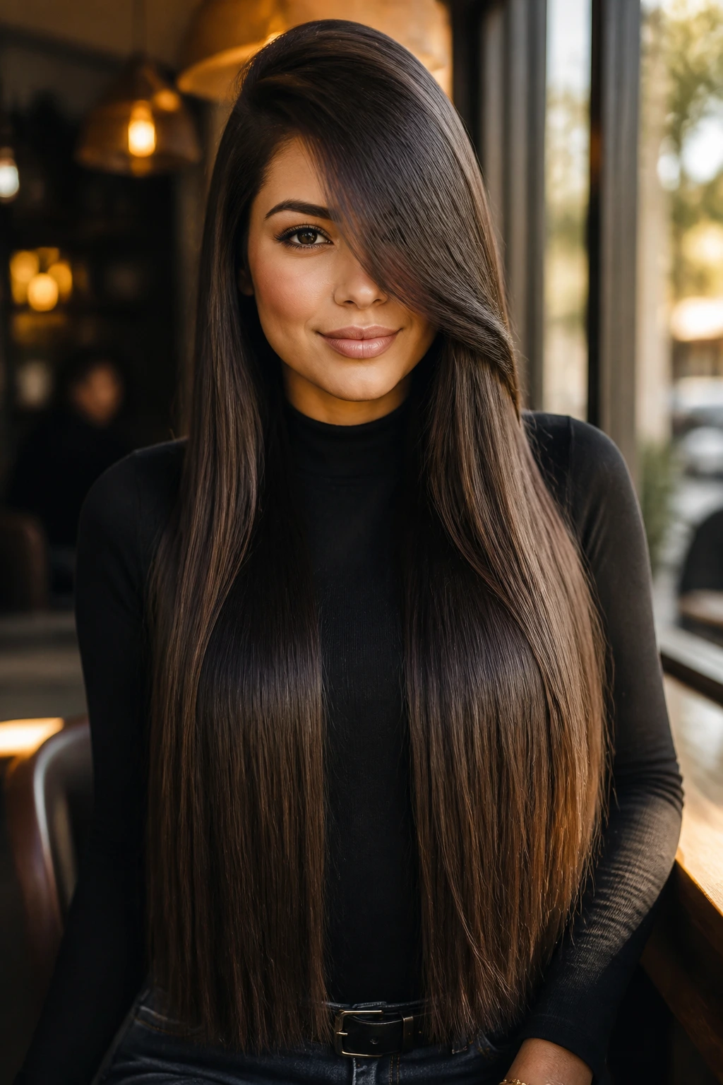 Portrait of a woman with deep side-parted swoop bangs and blunt waist-length ends in warm cafe light.