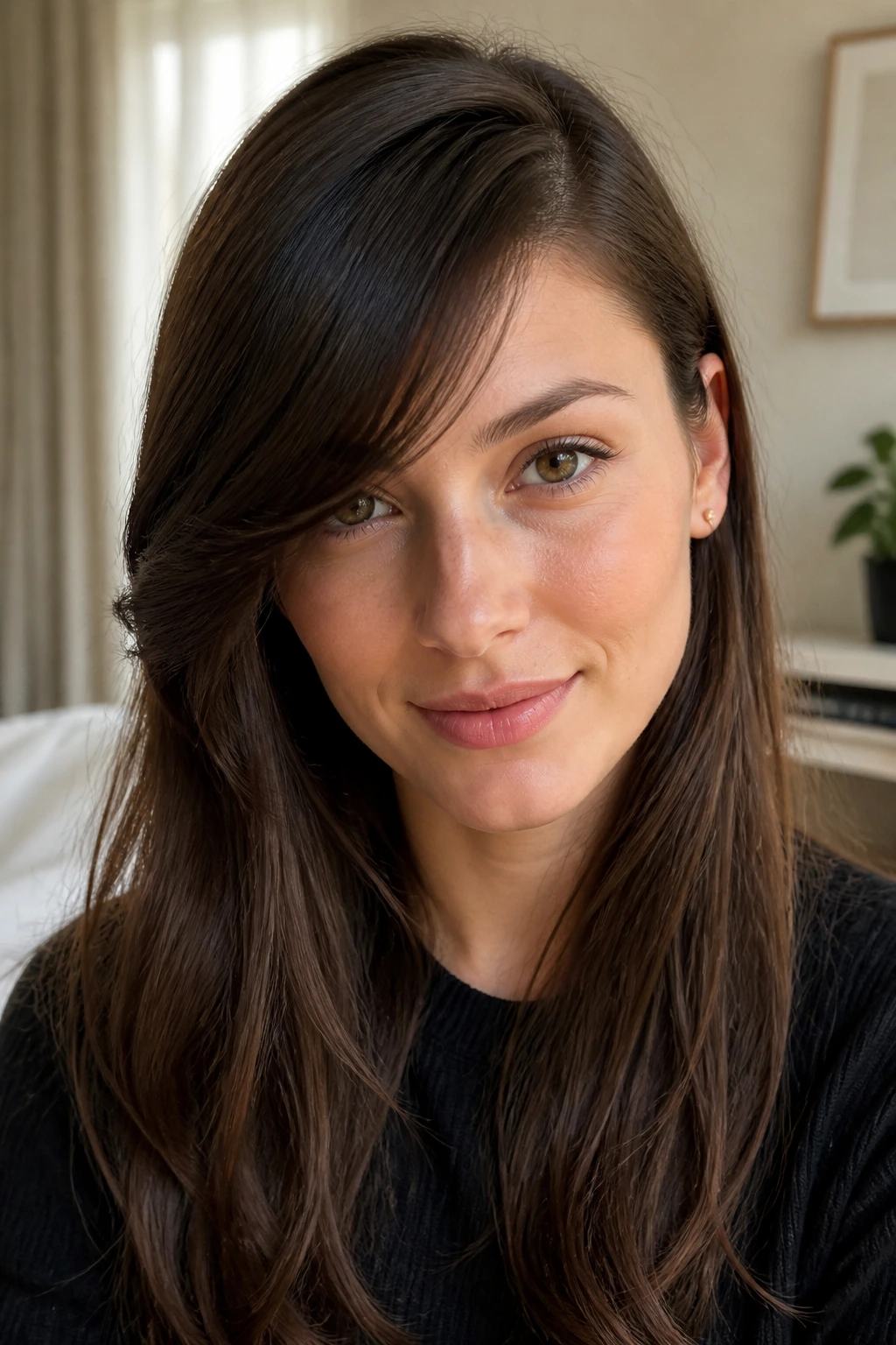 Close-up portrait of a real person with a deep side part and swooping fringe