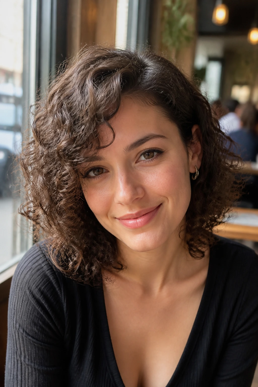 Portrait of woman with deep side-parted swoop in natural daylight