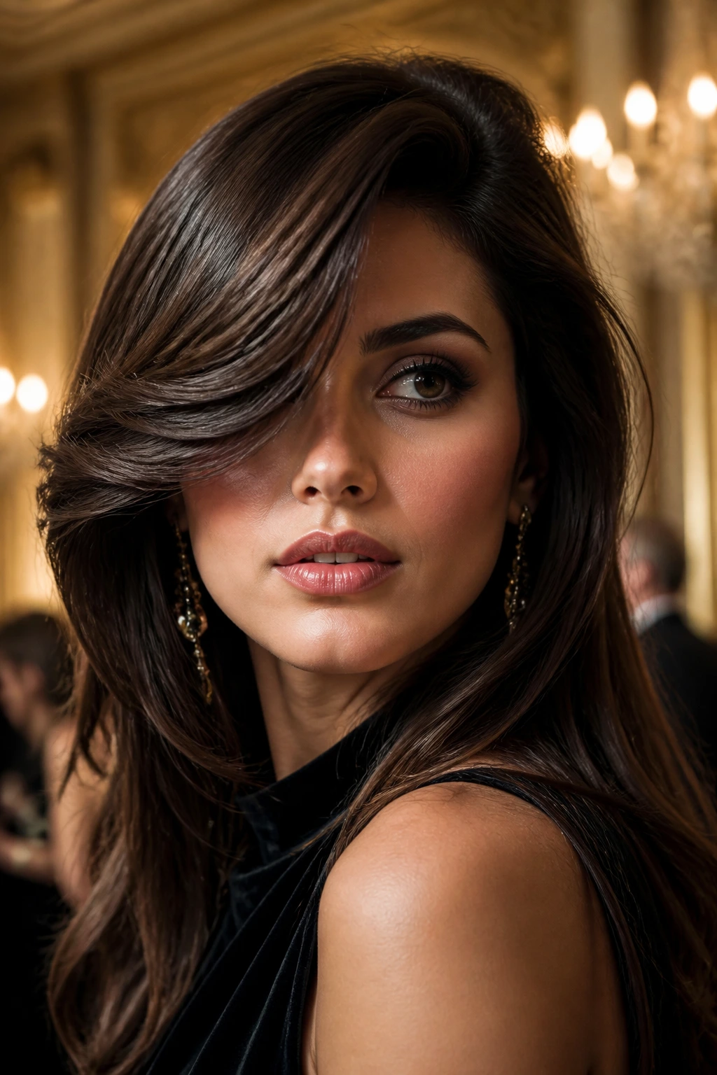 Real woman with a swooping deep side-part fringe in a warm hall