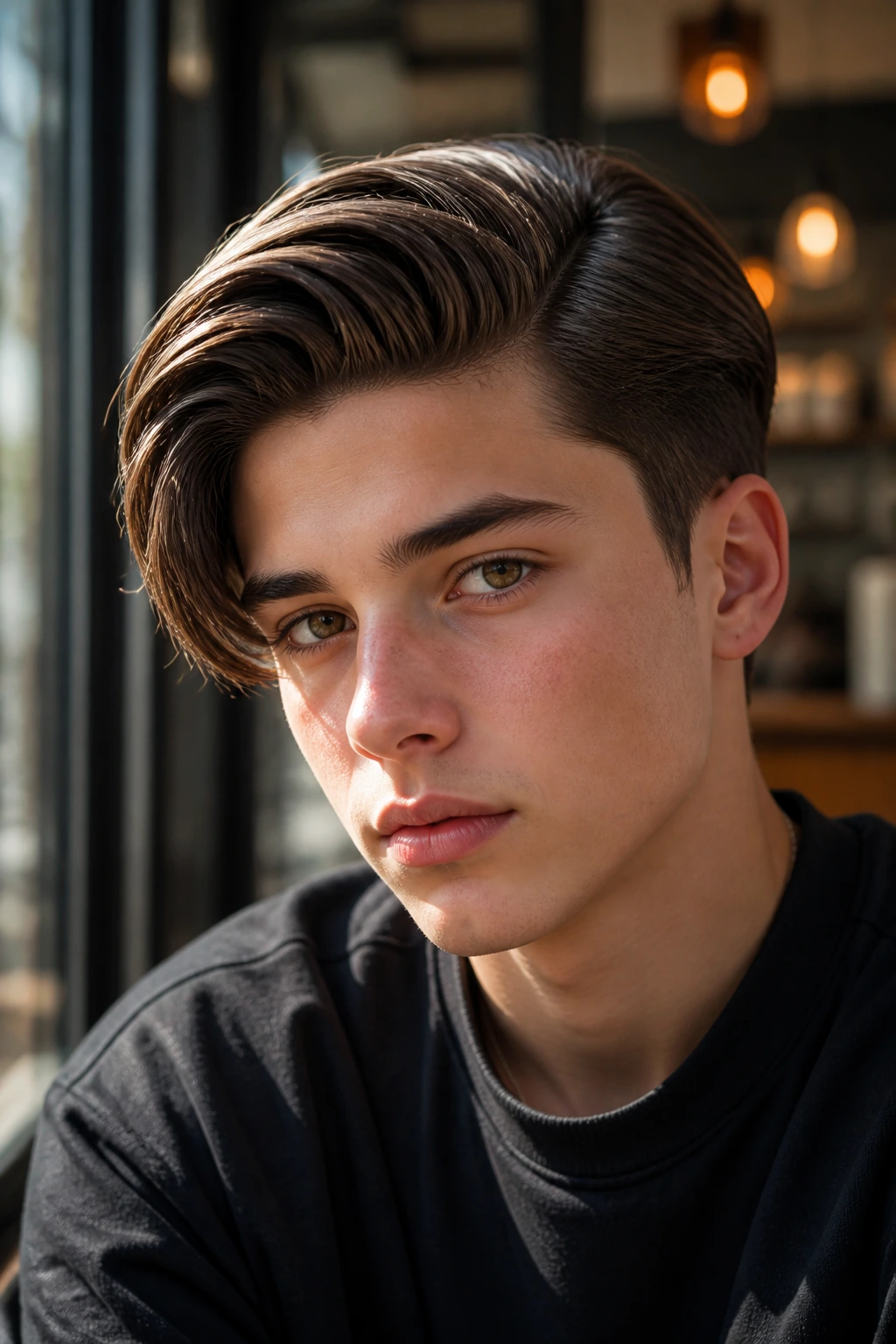 Close-up of a teen with a dramatic deep side part in a sunlit cafe