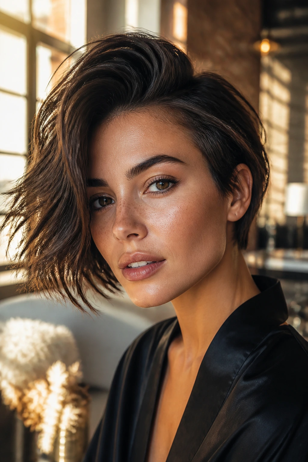 Portrait of a woman with a deep side-parted textured bob in a chic loft.
