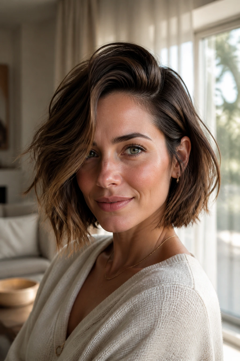 Close-up of a real woman with a deep side-parted textured bob