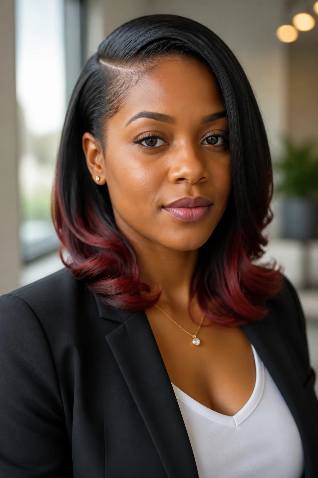 Profile portrait of a real woman with deep side-part tucked behind ear and red ends