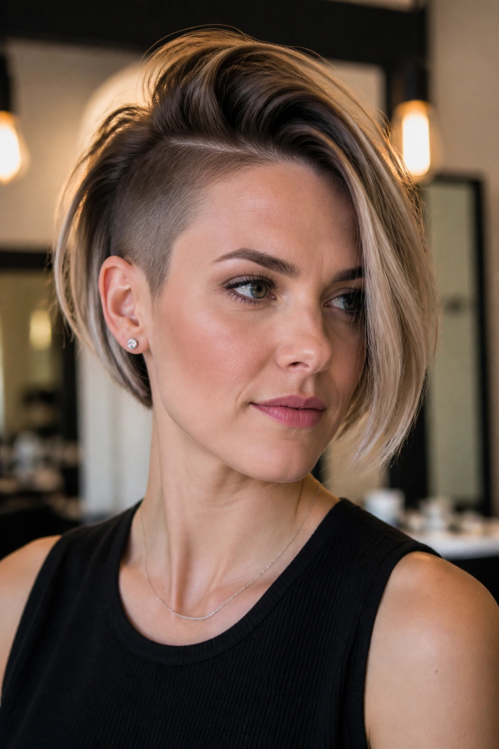 Close-up of a real person with a deep side part and undercut for added height.
