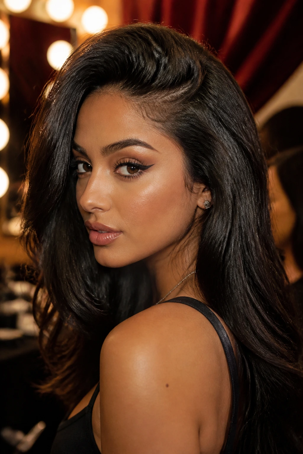 Close-up of a real woman with a deep side-part and teased crown for volume