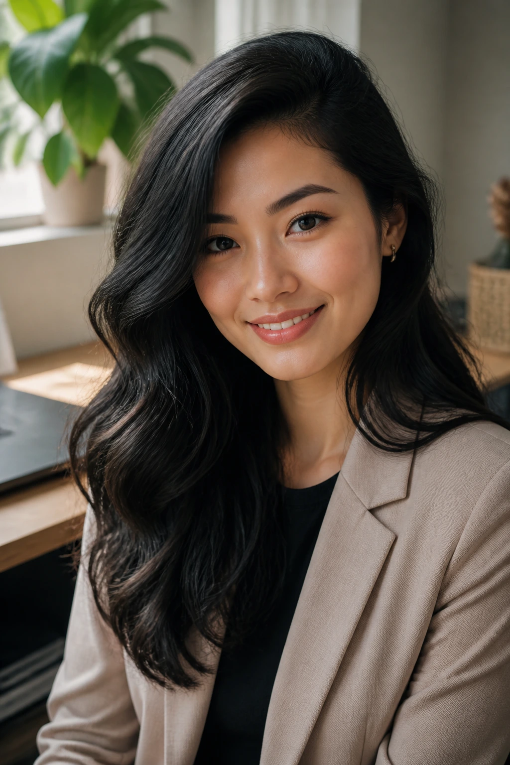 Close-up portrait of a real woman with deep side part and soft waves in a cozy office