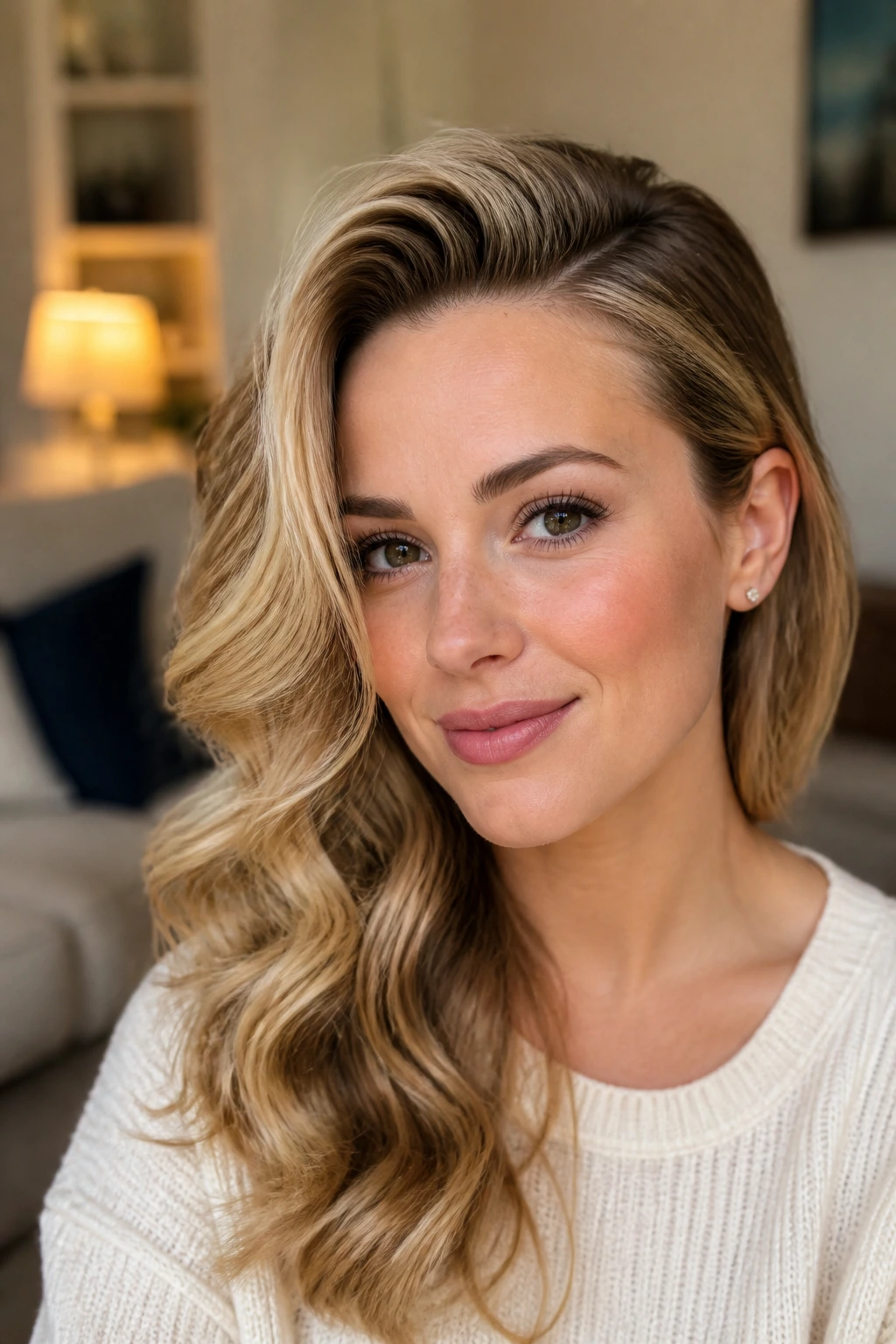 Close-up of a real woman with a deep side part and soft waves.