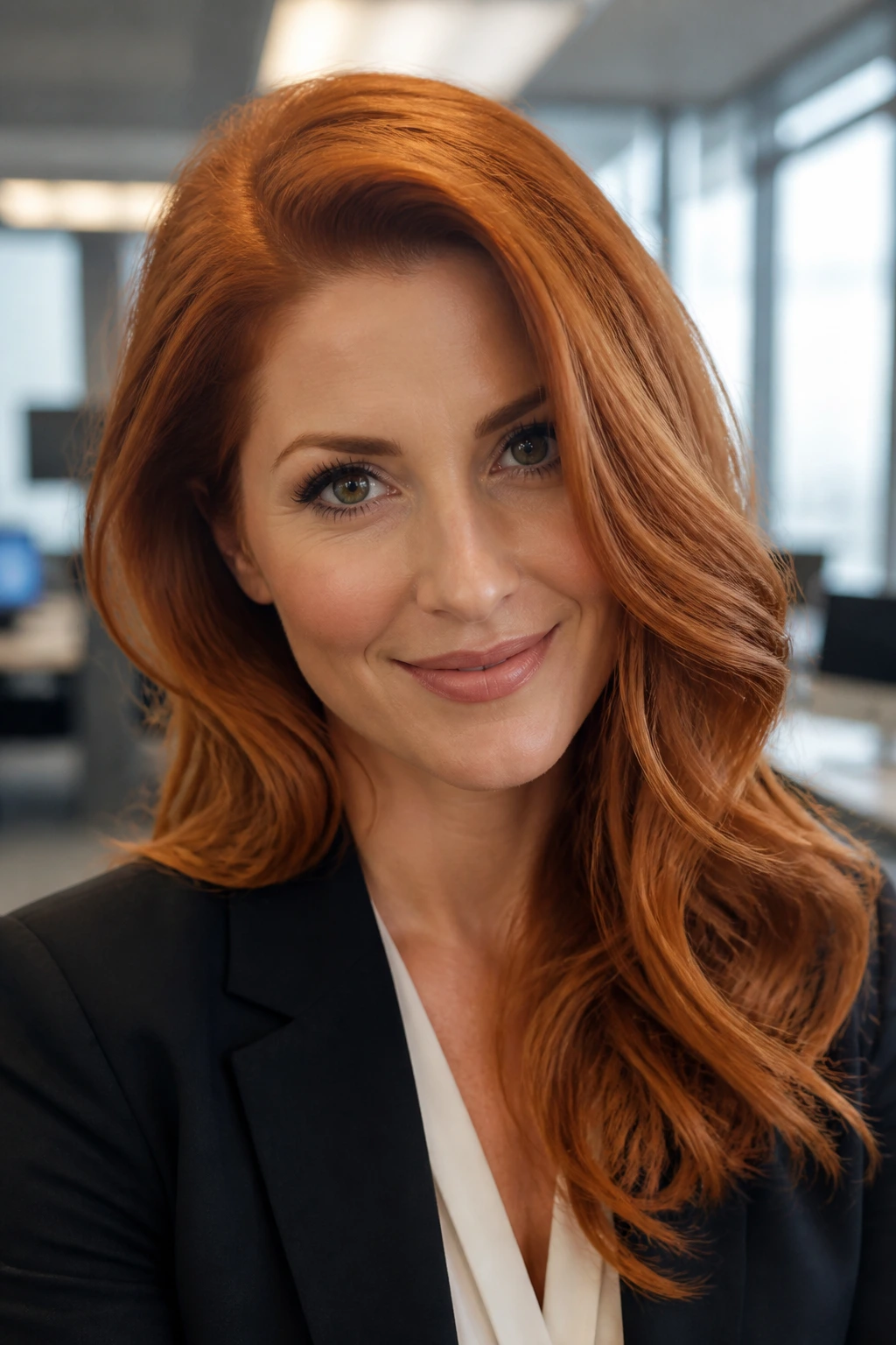 Close-up portrait of a woman with deep side part and soft copper waves