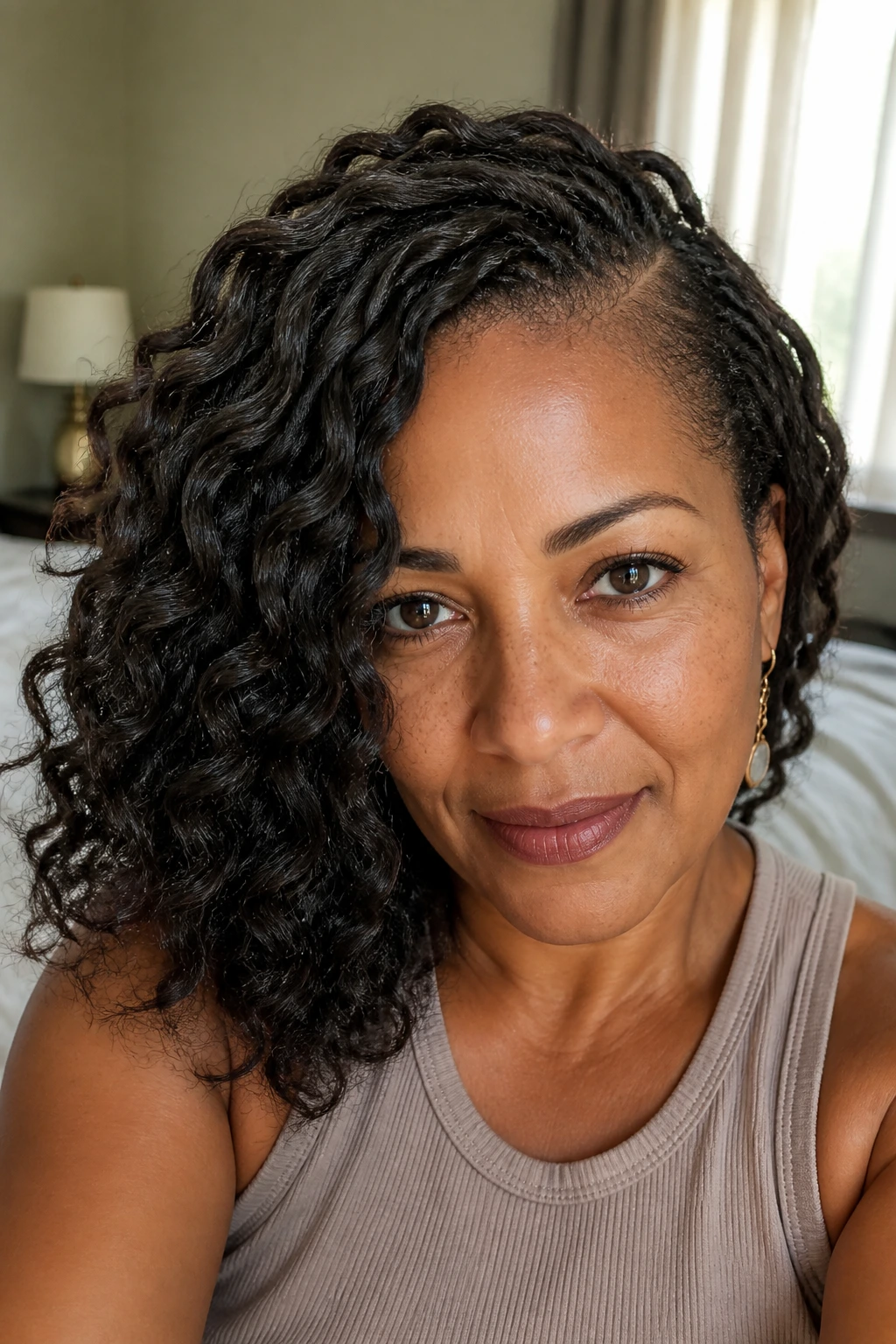Close-up of a real woman with deep side-part crochet waves