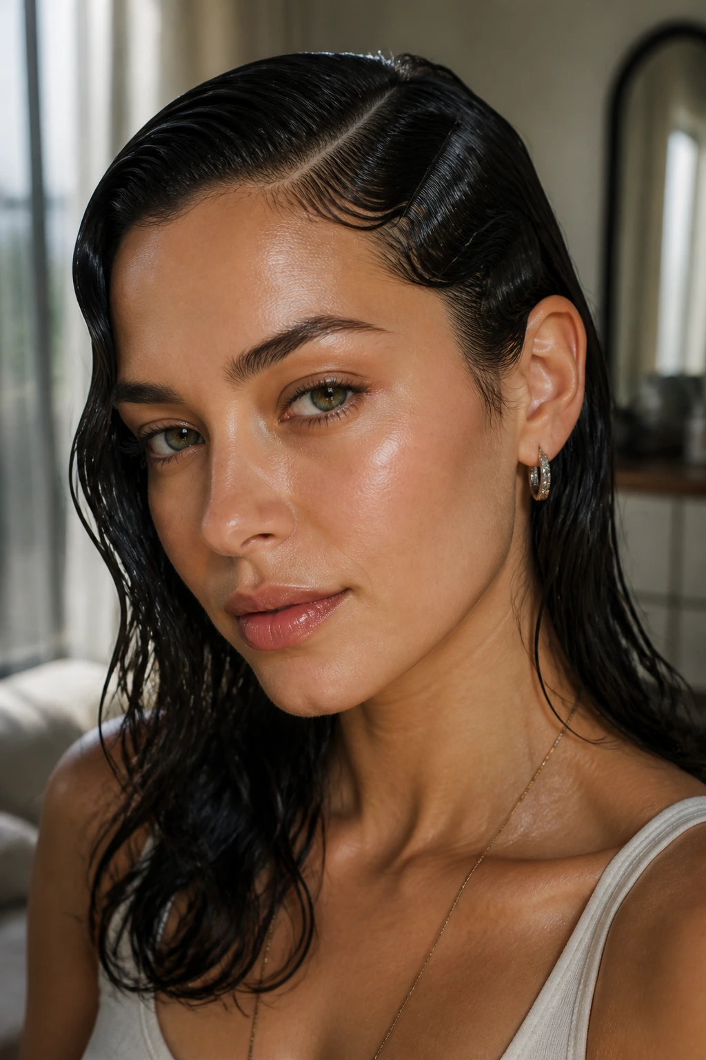 Close-up of a real woman with a deep side part and sleek flat-pin waves framing the face
