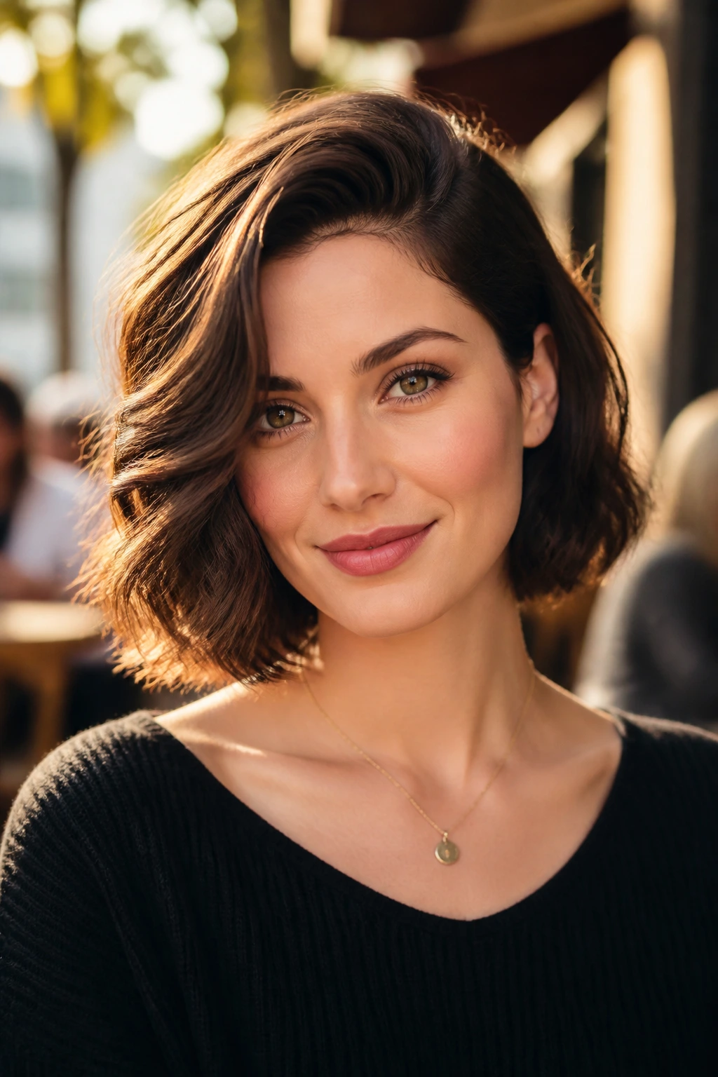 Close-up of a real woman with a deep side-parted wavy bob in golden hour light