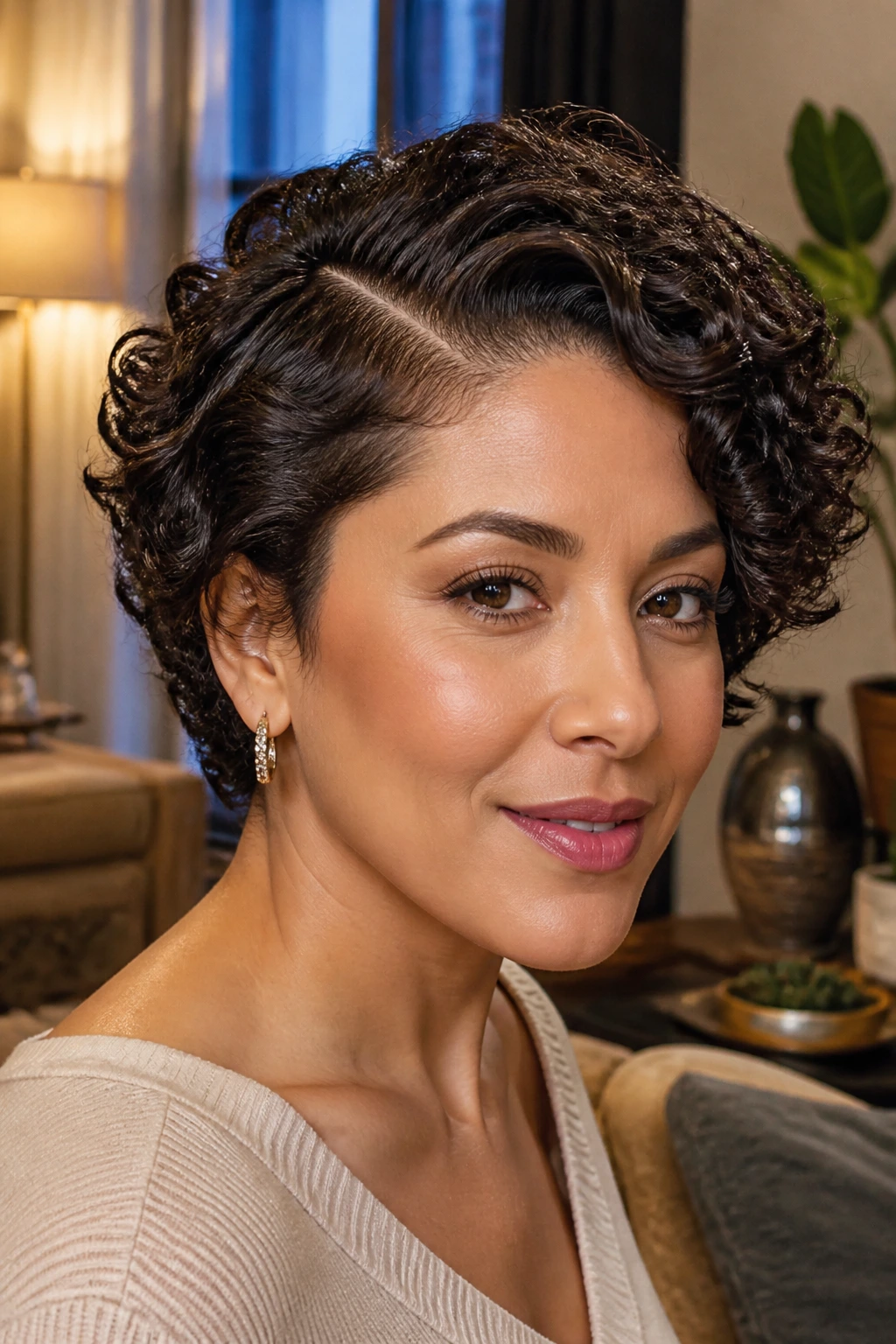 Close-up portrait of a real woman with a deep side part wedge and crown volume