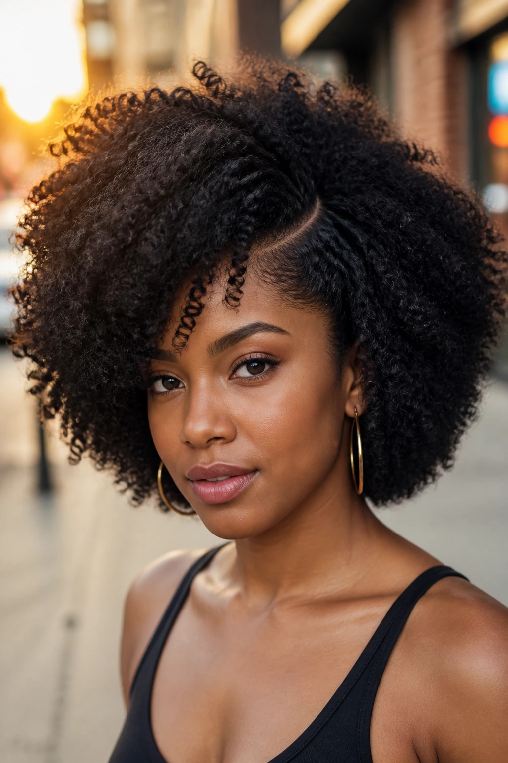 Close-up portrait of a real woman with a deep side-parted afro and defined coils