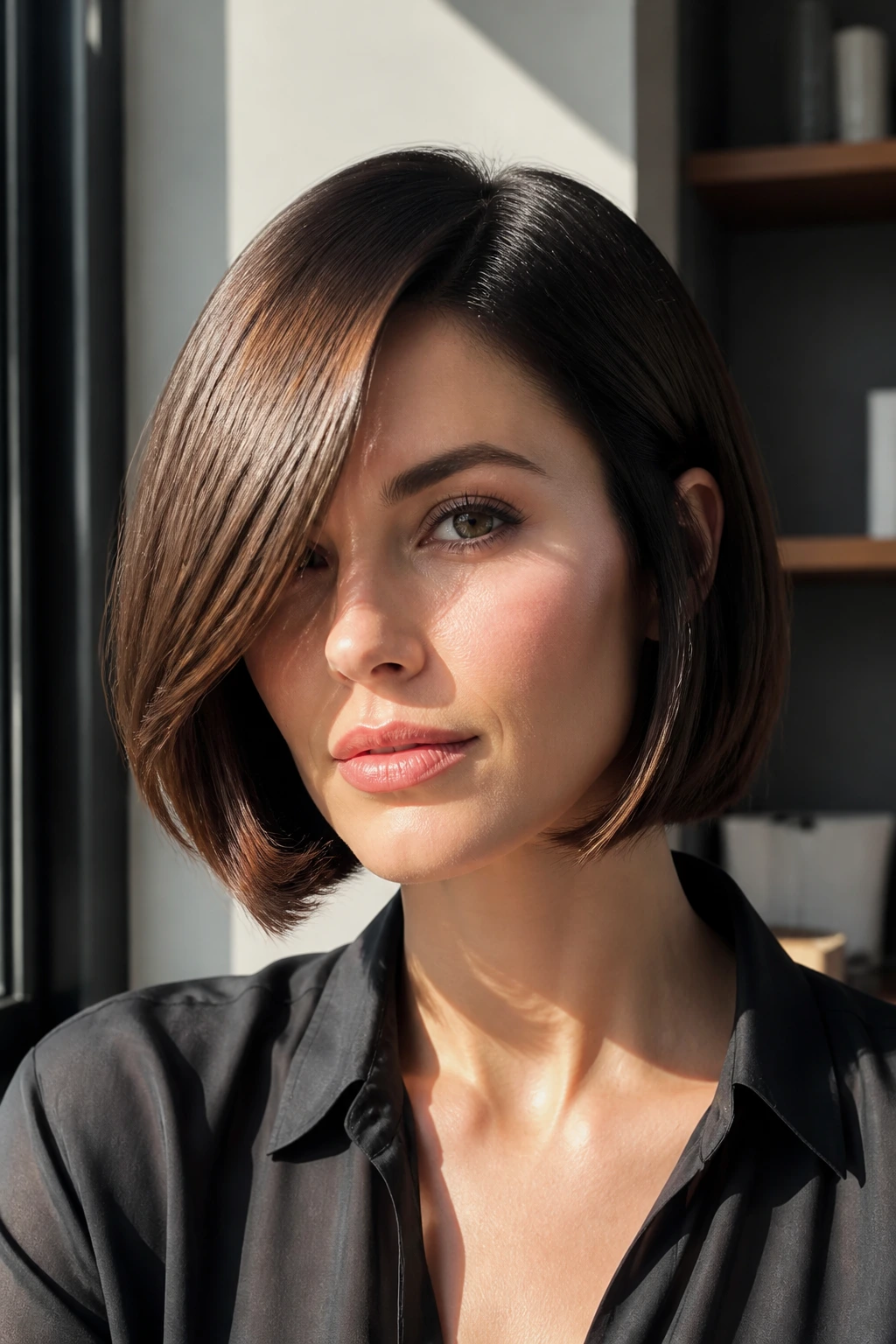 Close-up of a real woman with a deep side-parted bob sweeping across the forehead